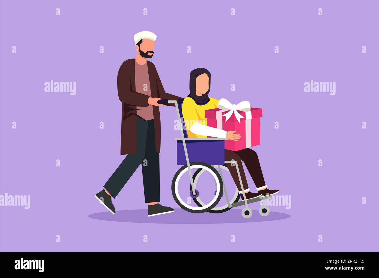 Character flat drawing of Arabian male and disabled female in wheelchair. Man shopping, give gift box to woman. Caregiver, Family support. Disability Stock Photo