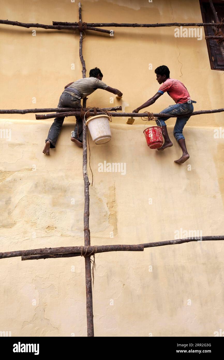 Painters painting a house wall, Fort Kochi, Kochi, Kerala, India Stock