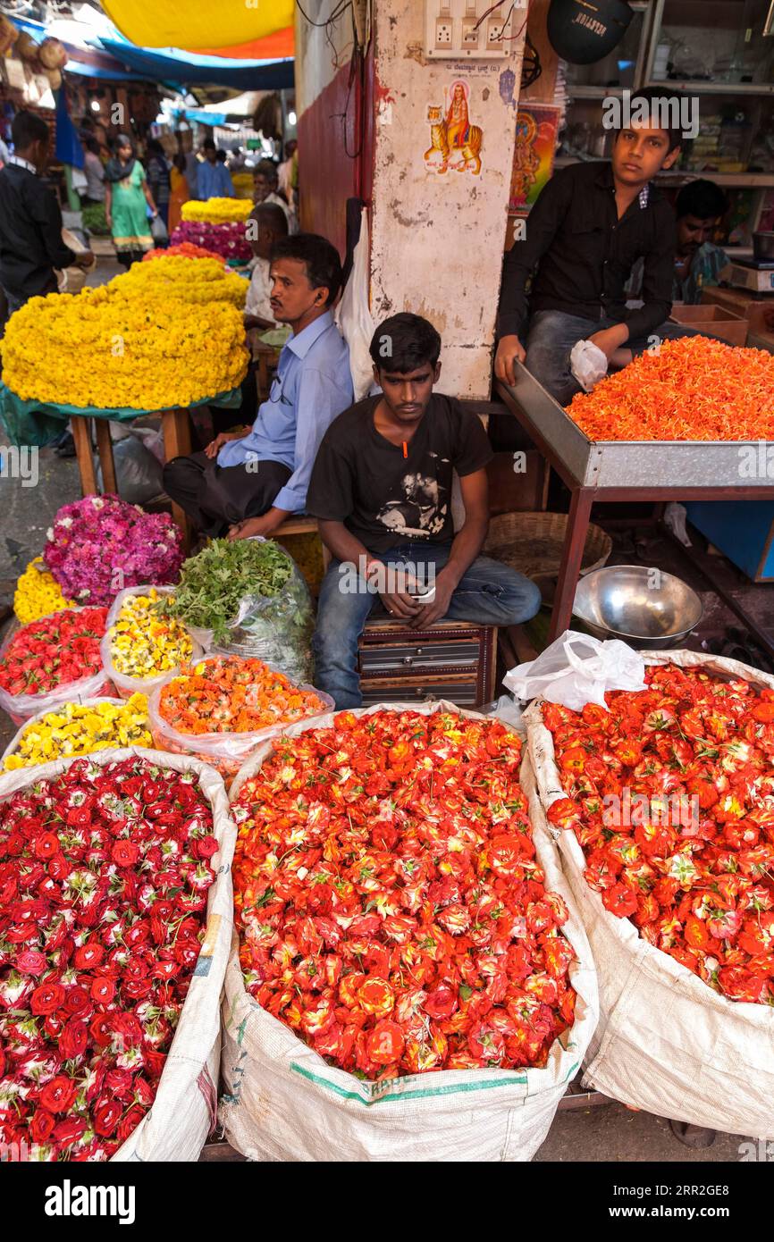 Flower market, Mysore, Karnataka, India Stock Photo