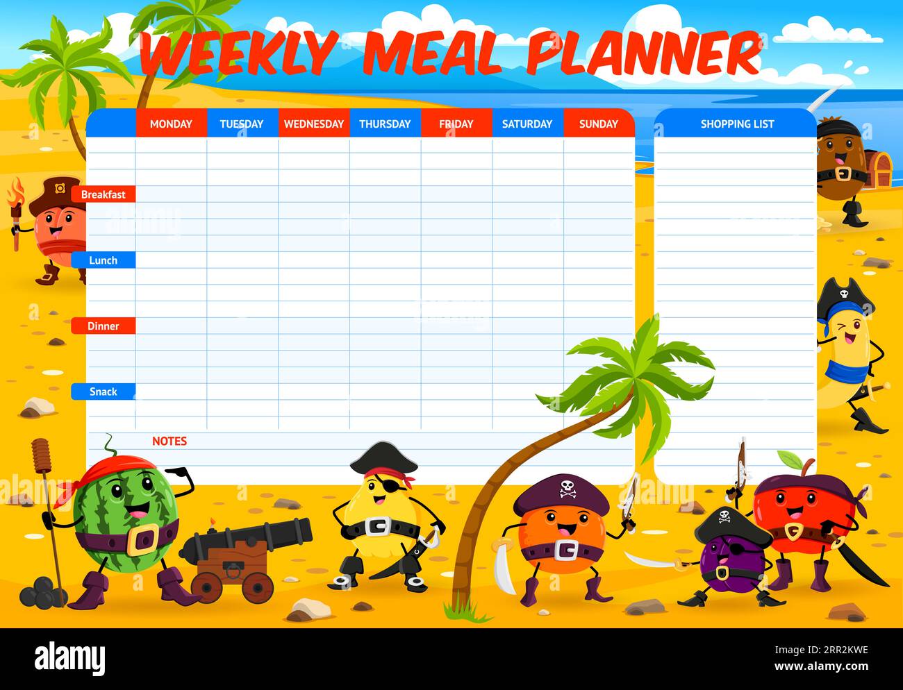 Weekly meal planner. Cartoon fruit pirates and corsairs characters on ...