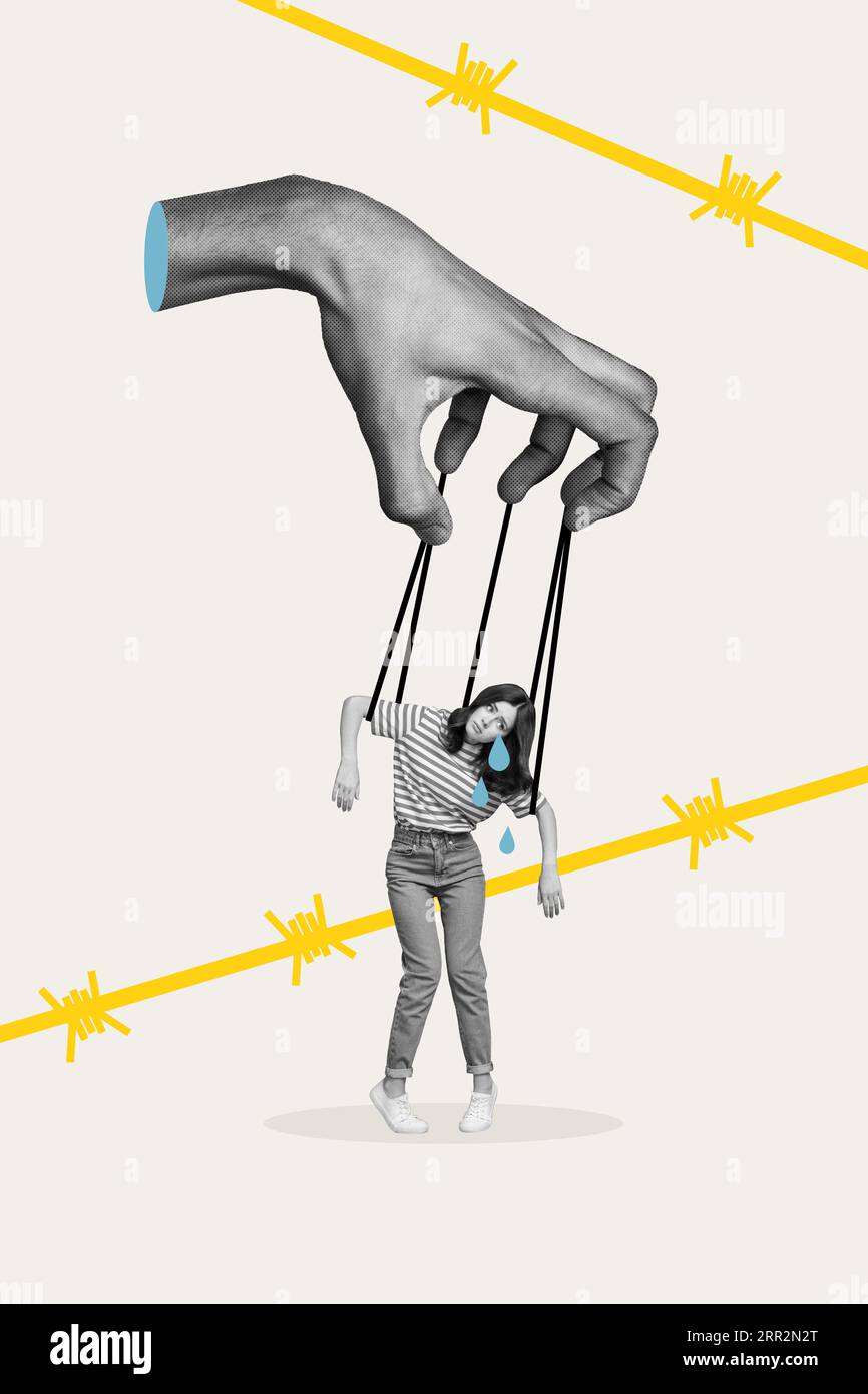 Vertical composite creative photo collage of large hand control by ...