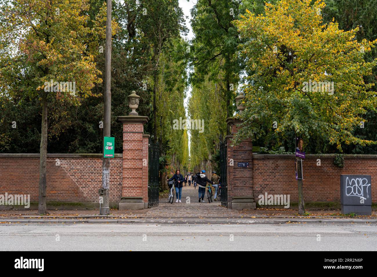 Copenhagen, Denmark, October 18, 2022: Entrance gate to Assistens Cemetery in Norrebro district Stock Photo