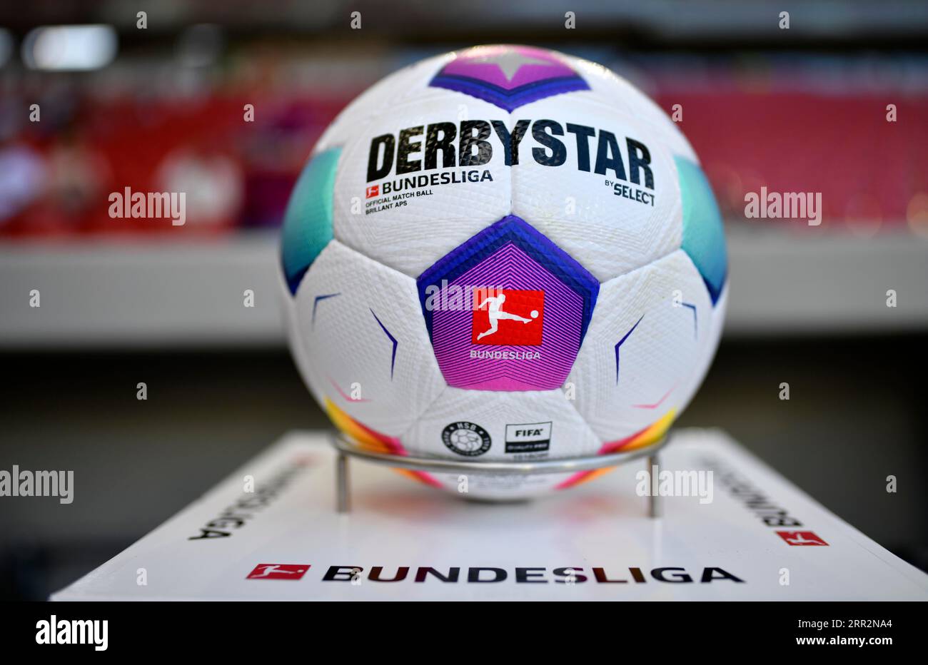 Adidas Derbystar match ball of the 2023-2024 season on platform, MHPArena, Stuttgart, Baden-Wuerttemberg, Germany Stock Photo