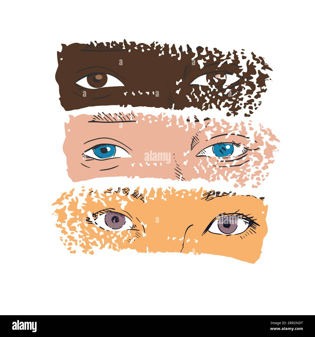 T-shirt design of three pairs of eyes of women of different races. Asian, black and European woman eyes. Femnist vector illustration. Stock Vector