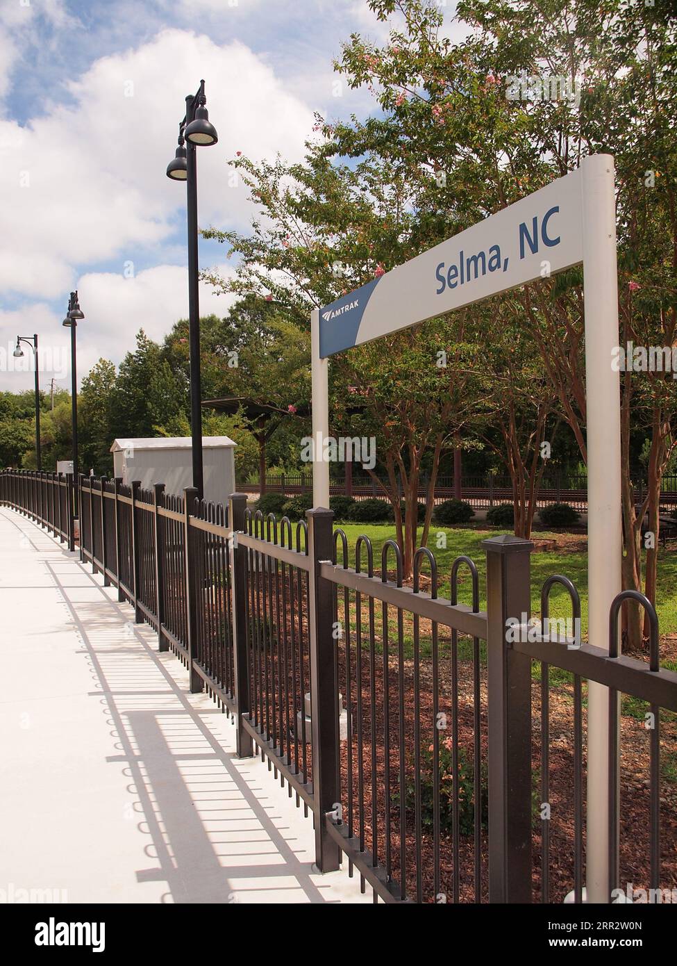 Selma, North Carolina Amtrak station signage along train platform Stock