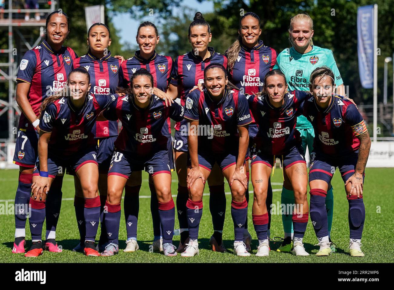 ENSCHEDE, NETHERLANDS - SEPTEMBER 6: Mayra Ramirez of Levante UD, Paula Fernandez of Levante UD, Silvia Lloris of Levante UD, Antonia of Levante UD, Angela Sosa of Levante UD, Goalkeeper Emma Holmgren of Levante UD, Leire Banos Indakoetxea of Levante UD, Paula Tomas Serer of Levante UD, Nuria Mendoza Miralles of Levante UD, Gabi Nunes of Levante UD and Natasha Andonova of Levante UD during the UEFA Women's Champions League LP Group 1 Semi Final match between Levante UD and Stjarnan at the Sportpark Schreurserve on September 6, 2023 in Enschede, Netherlands (Photo by Rene Nijhuis/BSR Agency) Stock Photo