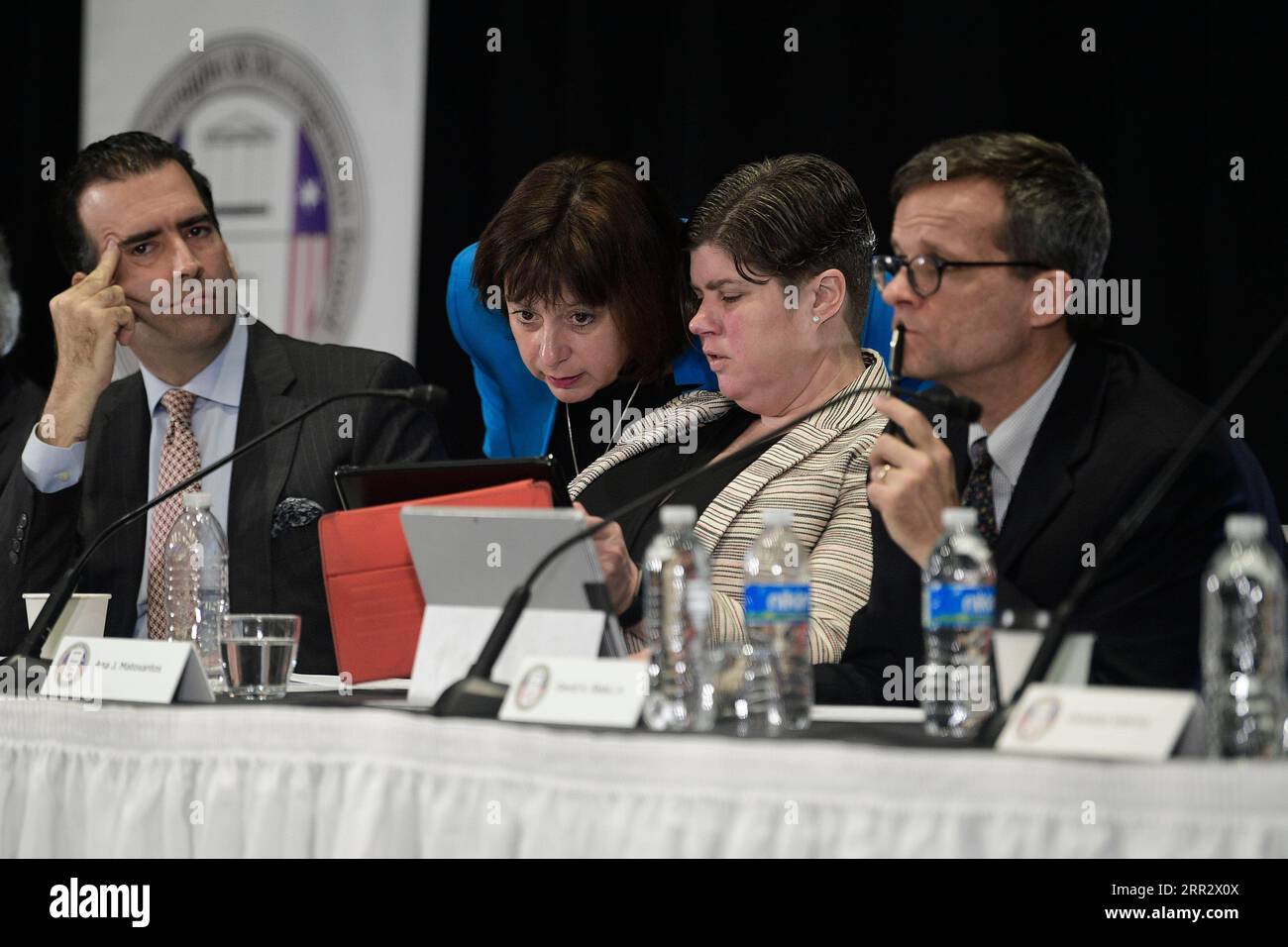 April 22, 2017, San Juan, PUERTO RICO: 19 DE ENERO 2018.SAN JUAN, PUERTO RICO.VISTA DE LA JUNTA DE SUPERVISION FISCAL EN EL CENTRO DE CONVENCIONES PARA INVESTIGAR LA SITUACION DE LIQUIDEZ DEL GOBIERNO. EN LA FOTO JOSE CARRION, NATALIE JARESKO, ANA MATOSANTOS Y DAVID SKEEL,JR. Credit Image: /El Nuevo Dia de Puerto Rico via ZUMA Press Latino News - April 22, 2017 Gerald.LopezGfrmedia.Com PUBLICATIONxNOTxINxCHN END20201017000000006 1.jpg Stock Photo