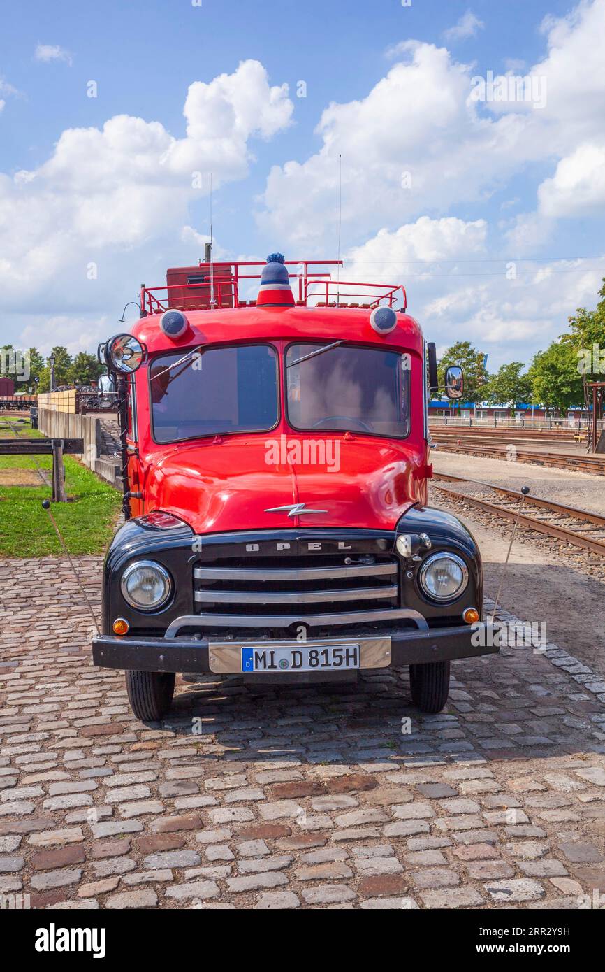 Historic fire engine Opel Blitz at the railway station, Bruchhausen-Vilsen, Lower Saxony, Germany Stock Photo