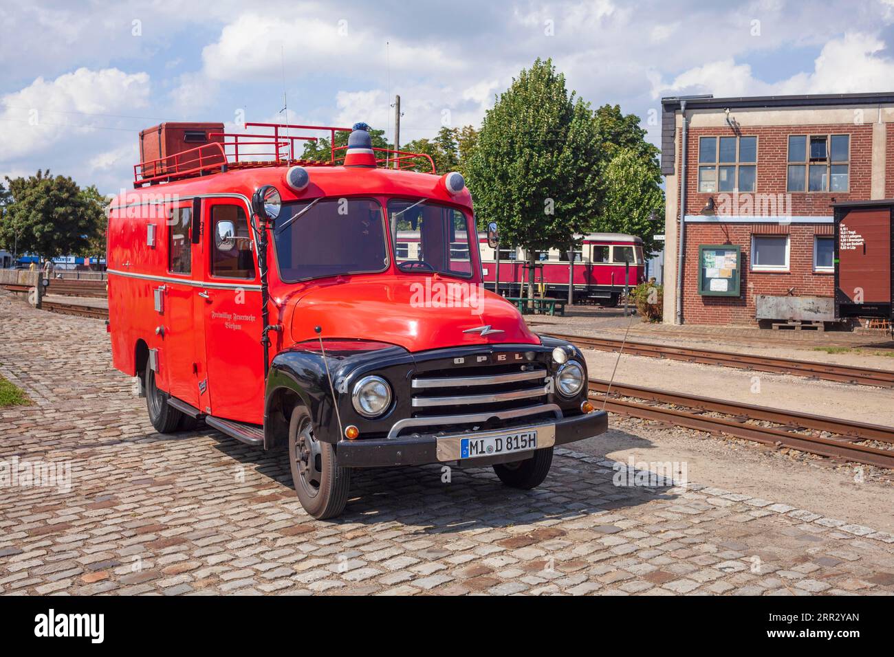 Historic fire engine Opel Blitz at the railway station, Bruchhausen-Vilsen, Lower Saxony, Germany Stock Photo