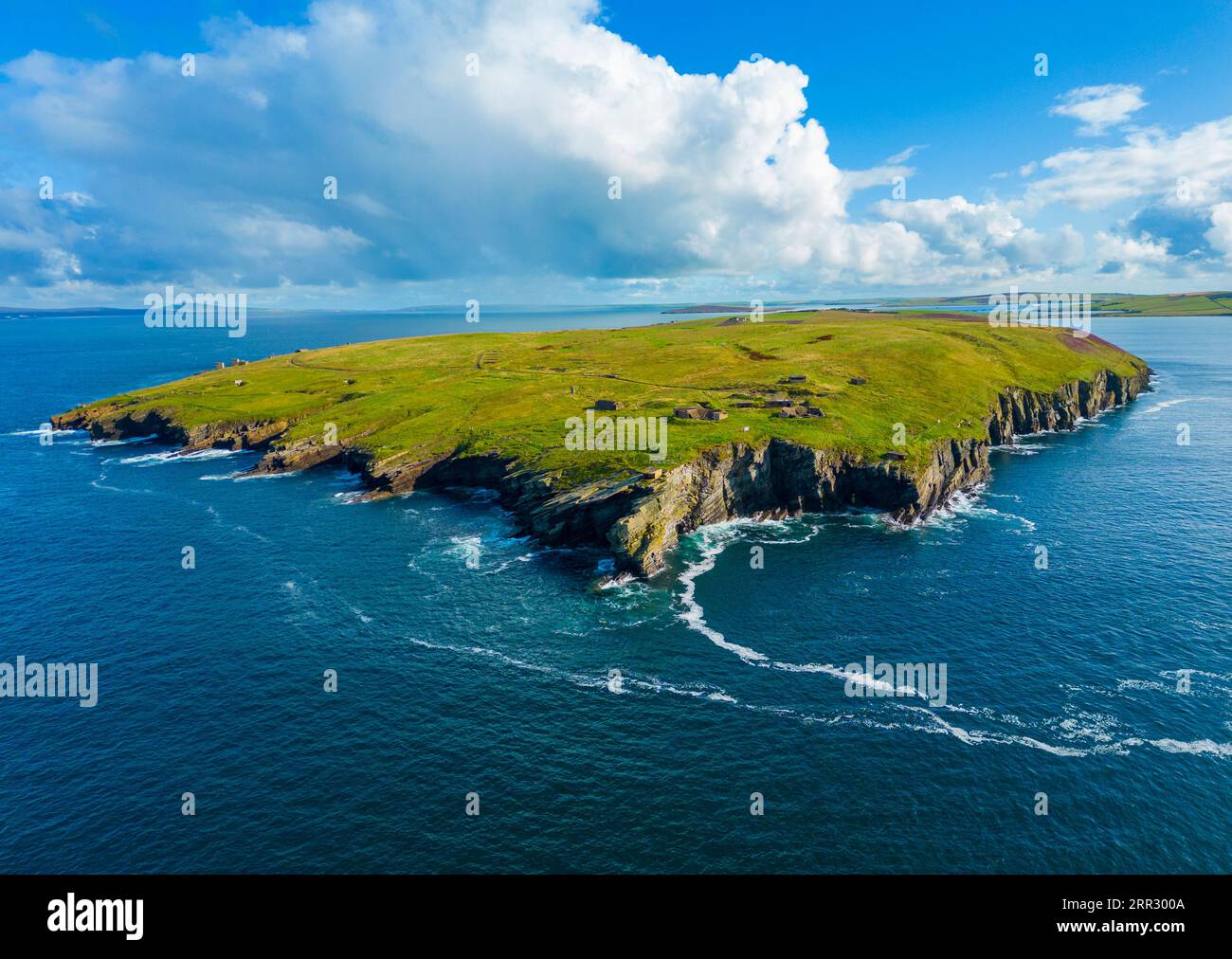 Aerial view of Hoxa Battery coastal defences at Scapa Flow at Hoxa on South Ronaldsay, Orkney Islands, Scotland, UK. Stock Photo