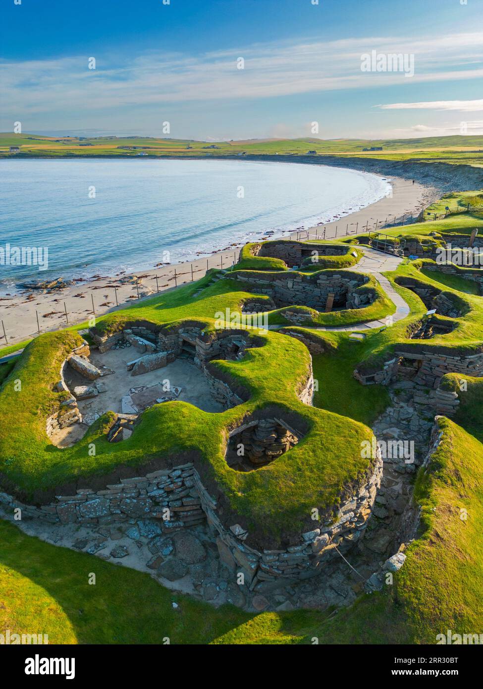 Aerial view of Skara Brae stone-built Neolithic settlement, located on the Bay of Skaill , west mainland, Orkney Islands, Scotland, UK. Stock Photo