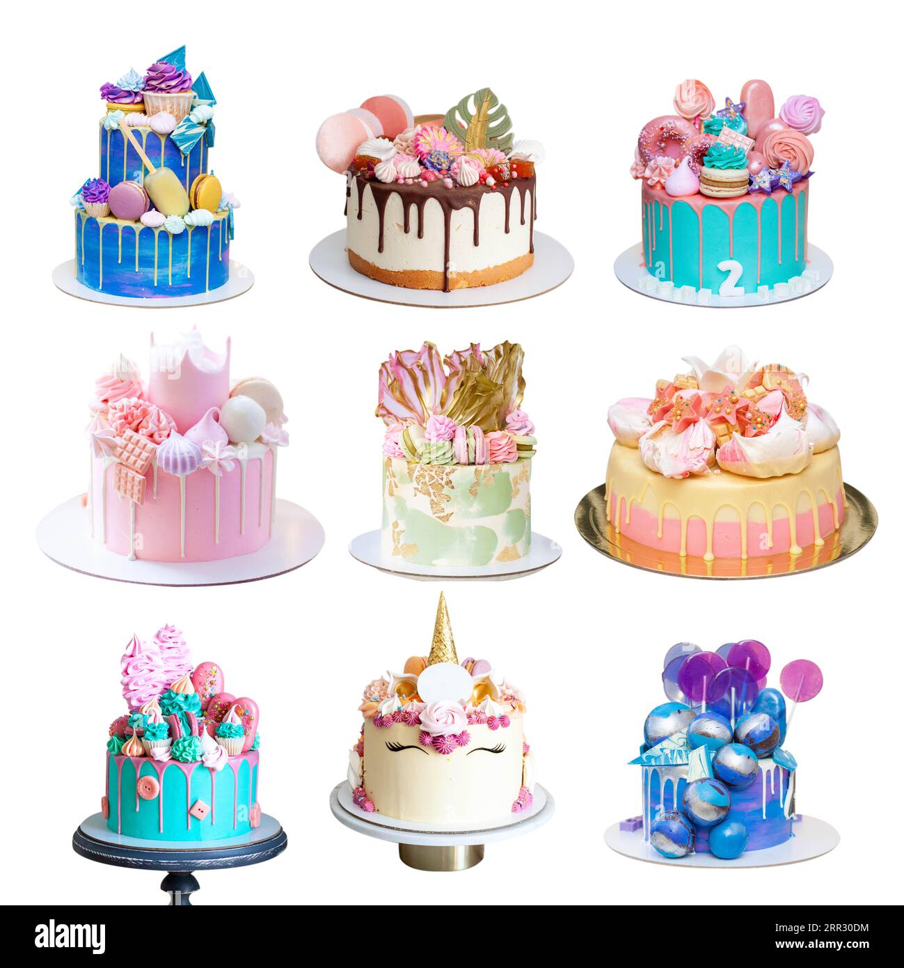 Set of different delicious cakes isolated on white, png. Cakes with unicorn, fondant crown, brownie, chocolate balls. Pink, green, blue cakes Stock Photo