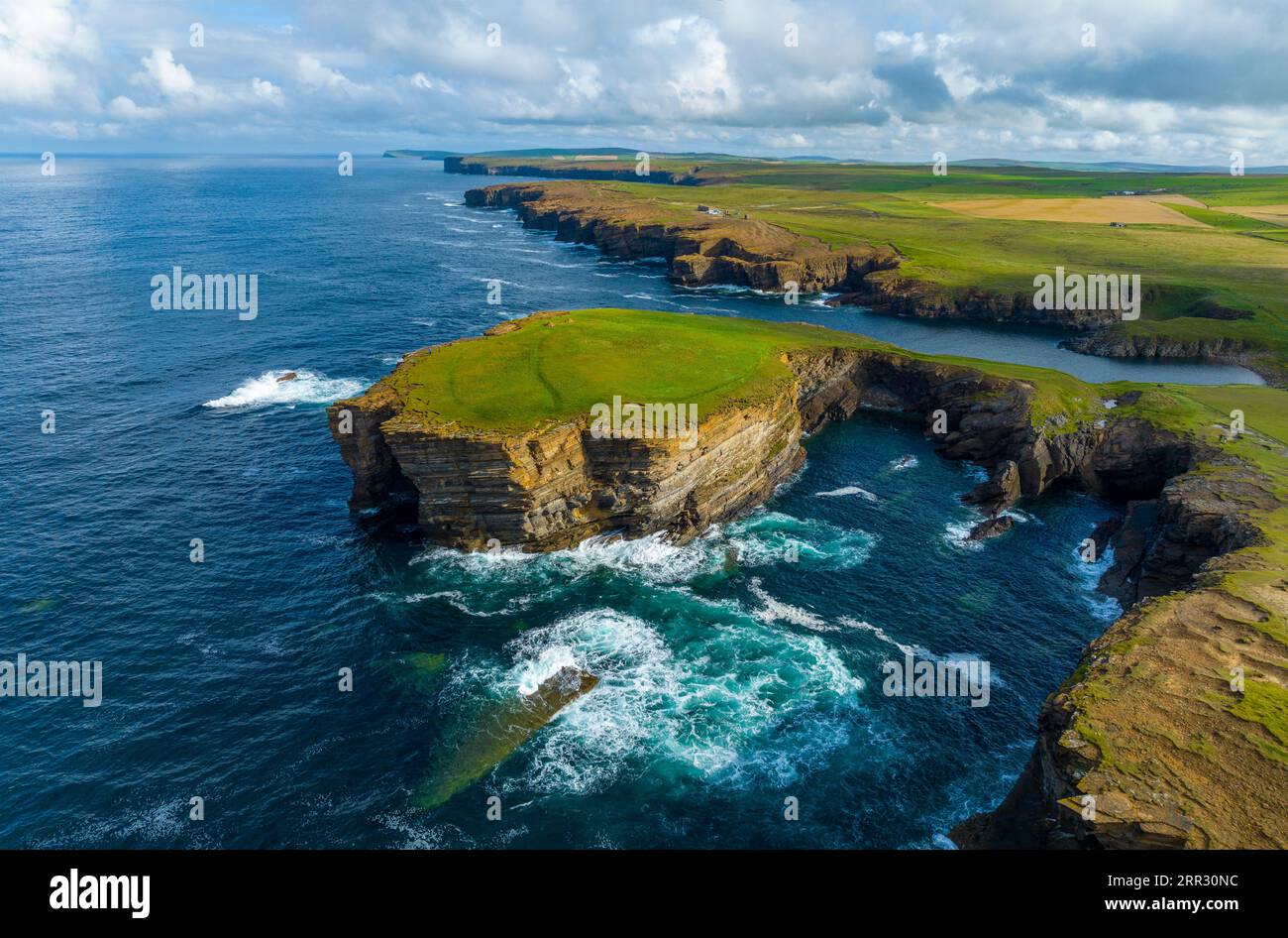Aerial view of sea cliffs and coastal scenery  at Yesnaby on West Mainland coast, Orkney Islands, Scotland, UK. Stock Photo