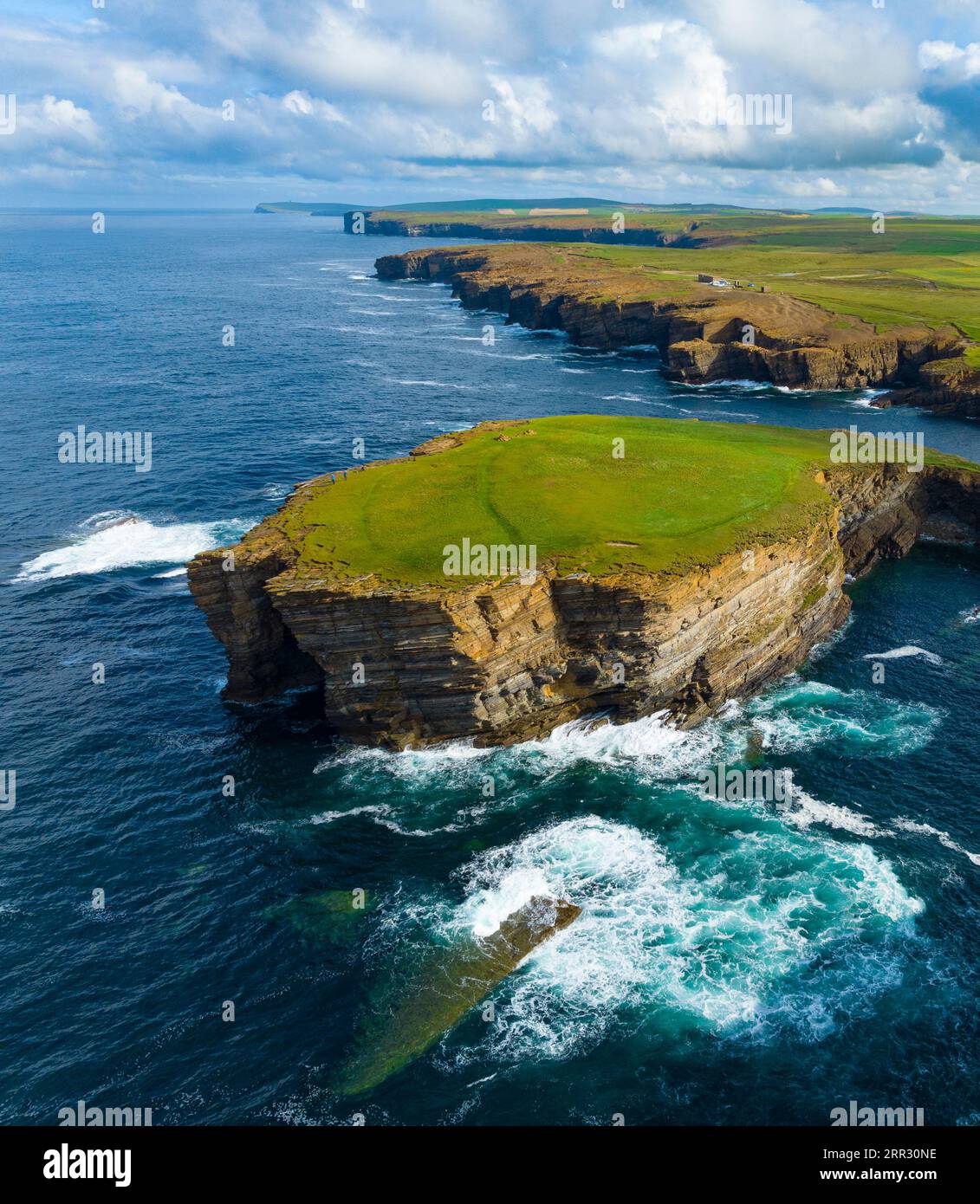 Aerial view of sea cliffs and coastal scenery  at Yesnaby on West Mainland coast, Orkney Islands, Scotland, UK. Stock Photo