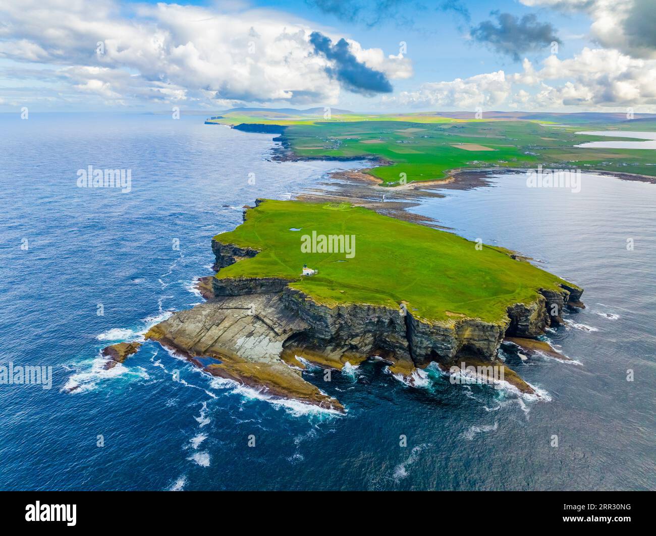 Aerial view of sea cliffs at Brough of Birsay on West Mainland, Orkney Islands, Scotland, UK. Stock Photo