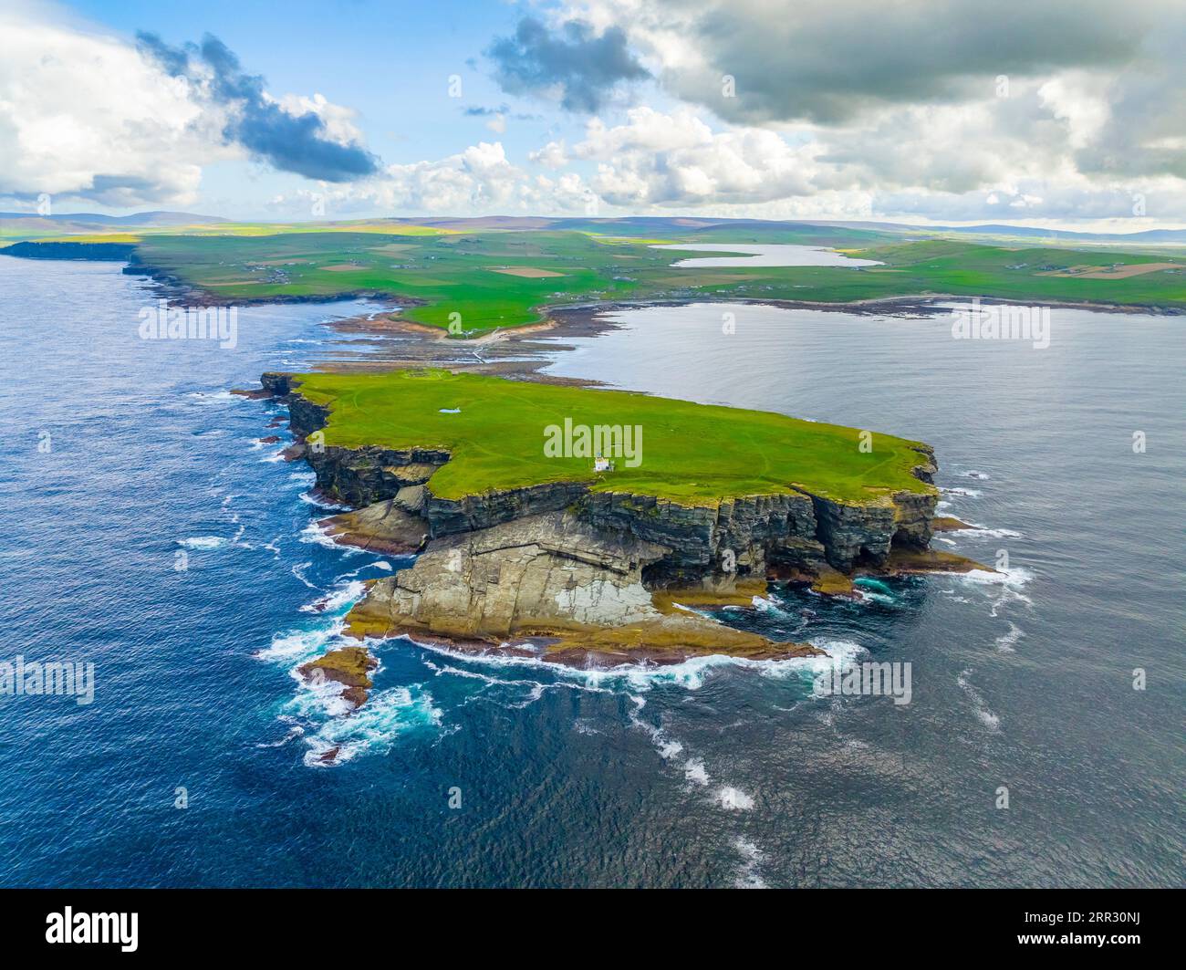 Aerial view of sea cliffs at Brough of Birsay on West Mainland, Orkney Islands, Scotland, UK. Stock Photo