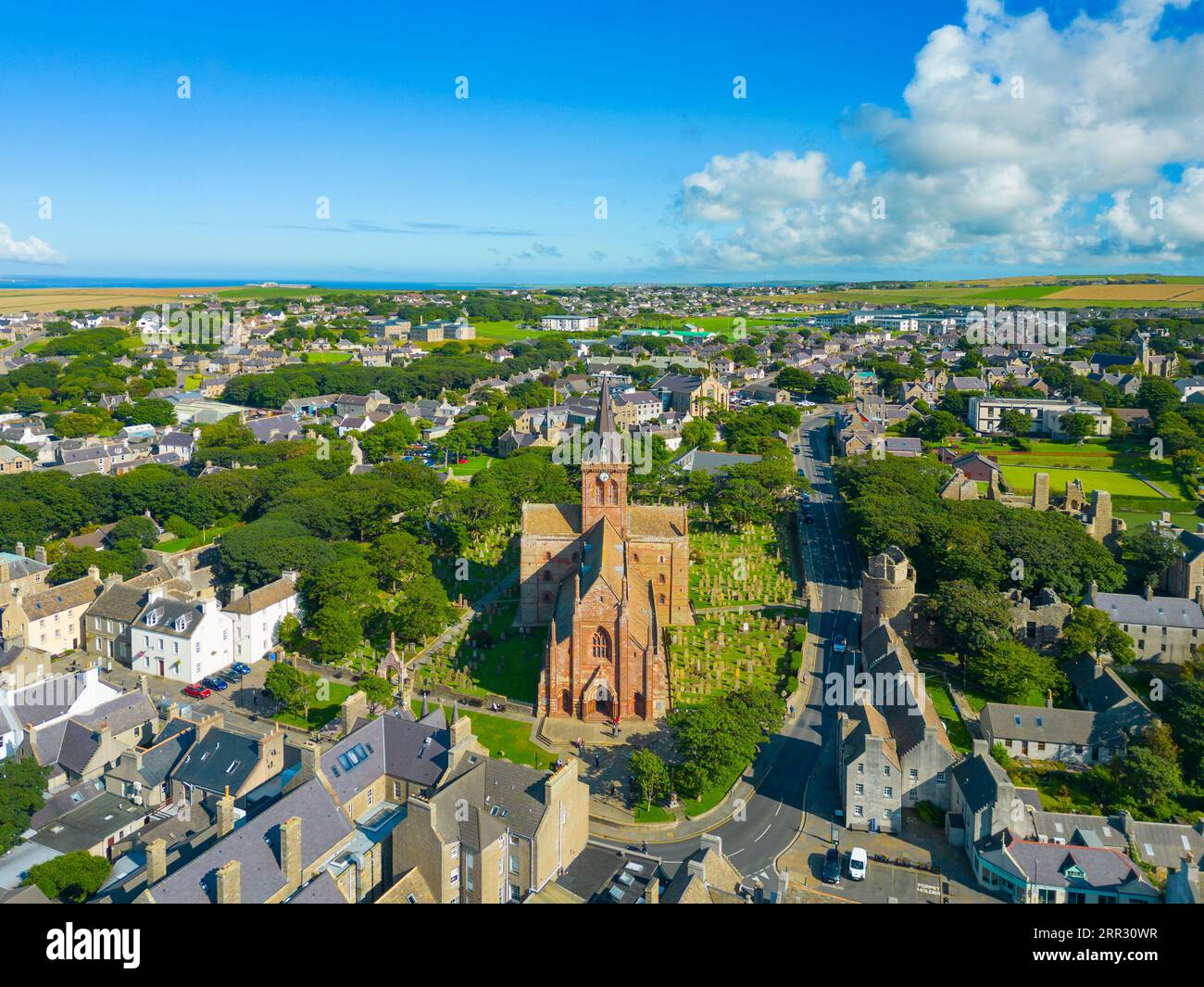 Aerial view of St Magnus Cathedral in Kirkwall, Mainland, Orkney Islands, Scotland, UK. Stock Photo