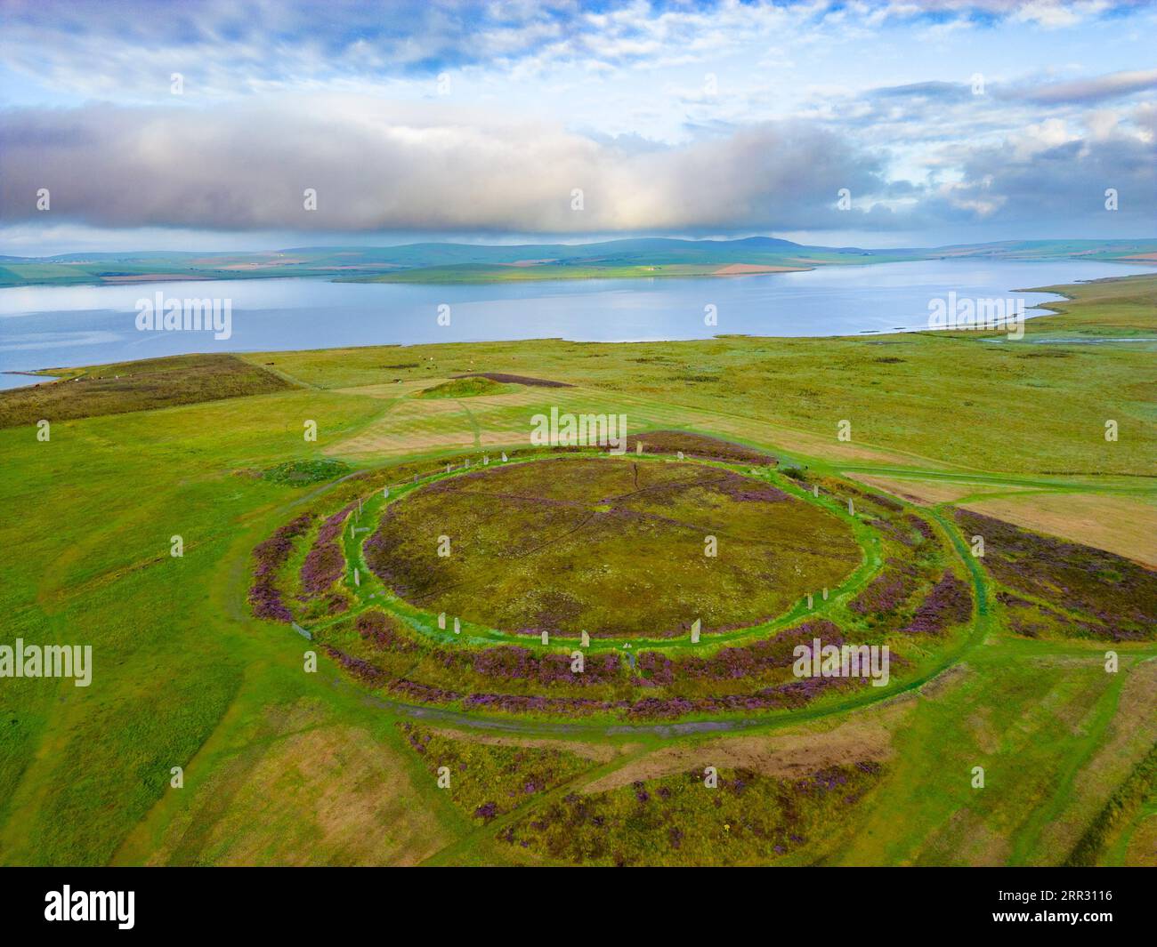 Aerial view of Ring of Brodgar neolithic henge and stone circle at West