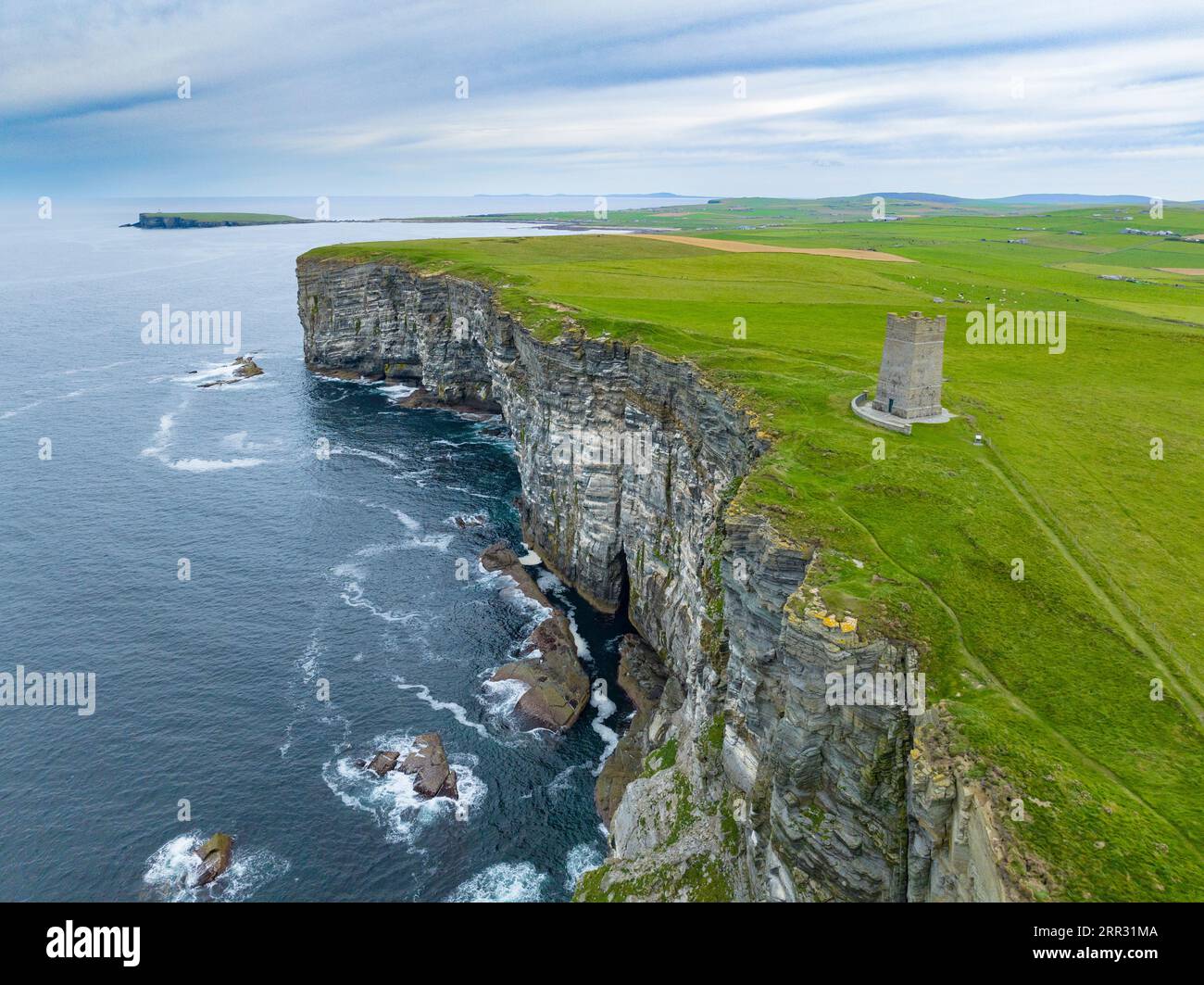 Aerial view of Kitchener Memorial on Marwick Head, Orkney Islands, Scotland. It commemorates those of died on the HMS Hampshire disaste in 1916. Stock Photo