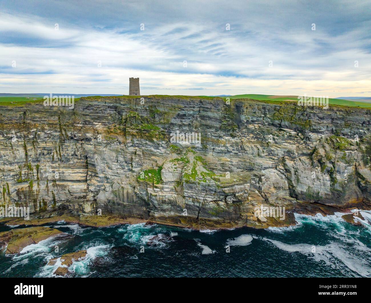 Aerial view of Kitchener Memorial on Marwick Head, Orkney Islands, Scotland. It commemorates those of died on the HMS Hampshire disaste in 1916. Stock Photo