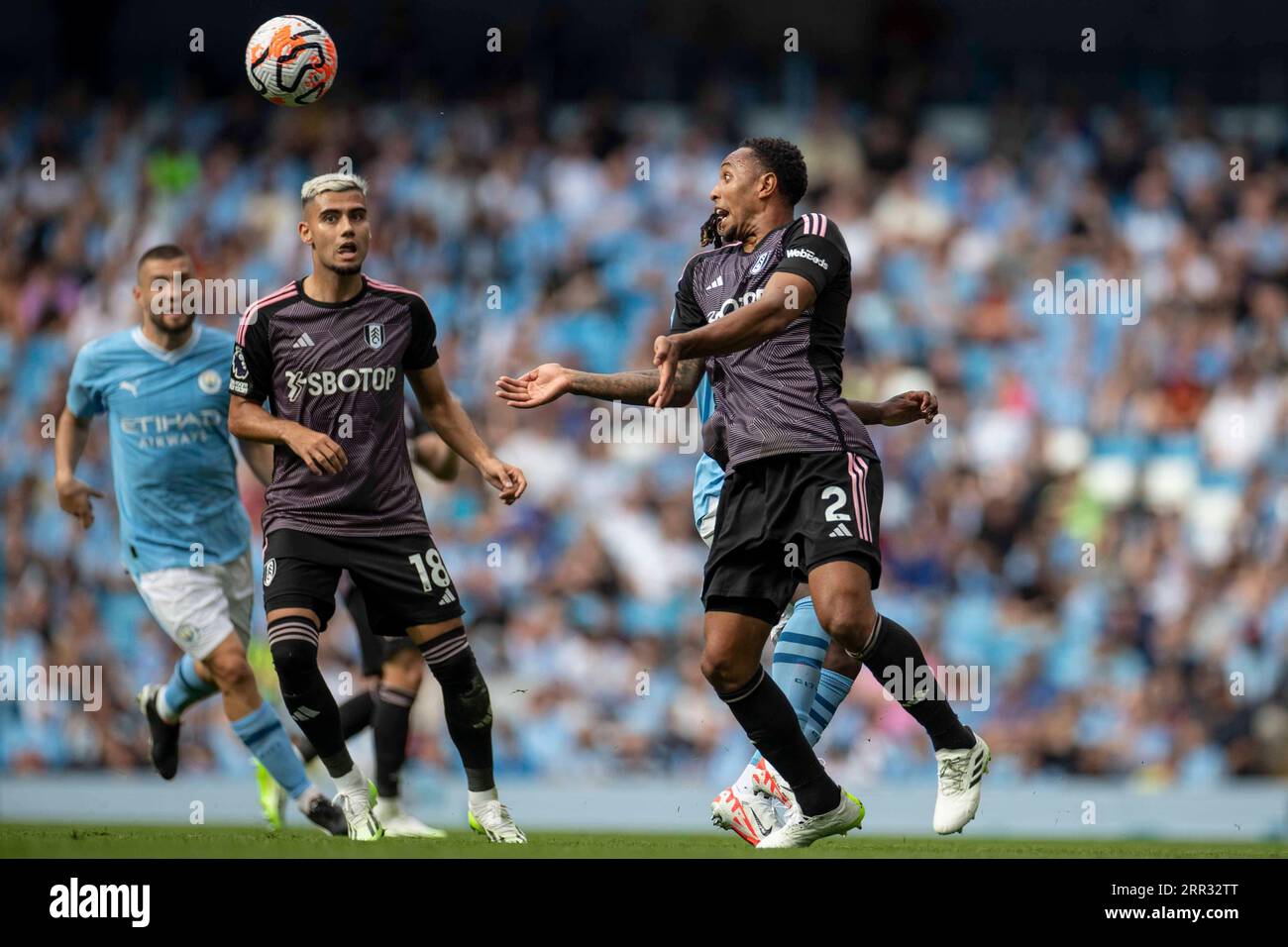 Manchester, UK. 02nd Sep, 2023. Kenny Tete #2 of Fulham F.C heads the ball during the Premier League match between Manchester City and Fulham at the Etihad Stadium, Manchester on Saturday 2nd September 2023. (Photo by Mike Morese/MI News/NurPhoto) Credit: NurPhoto SRL/Alamy Live News Stock Photo