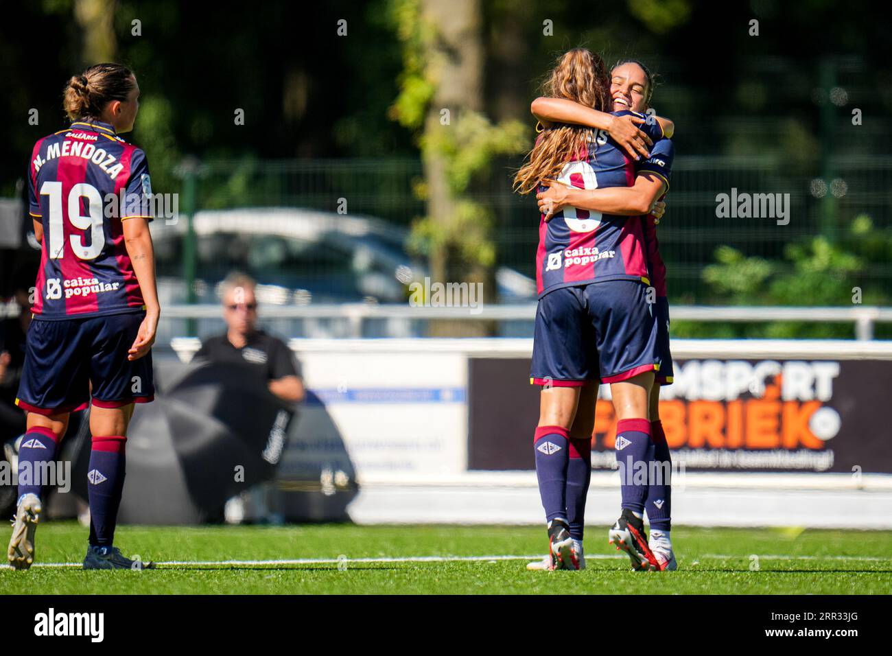 Enschede, Netherlands. 06th Sep, 2023. ENSCHEDE, NETHERLANDS - SEPTEMBER 6: Silvia Lloris of Levante UD and Gabi Nunes of Levante UD celebrate their team's second goal during the UEFA Women's Champions League LP Group 1 Semi Final match between Levante UD and Stjarnan at the Sportpark Schreurserve on September 6, 2023 in Enschede, Netherlands (Photo by Rene Nijhuis/BSR Agency) Credit: BSR Agency/Alamy Live News Stock Photo