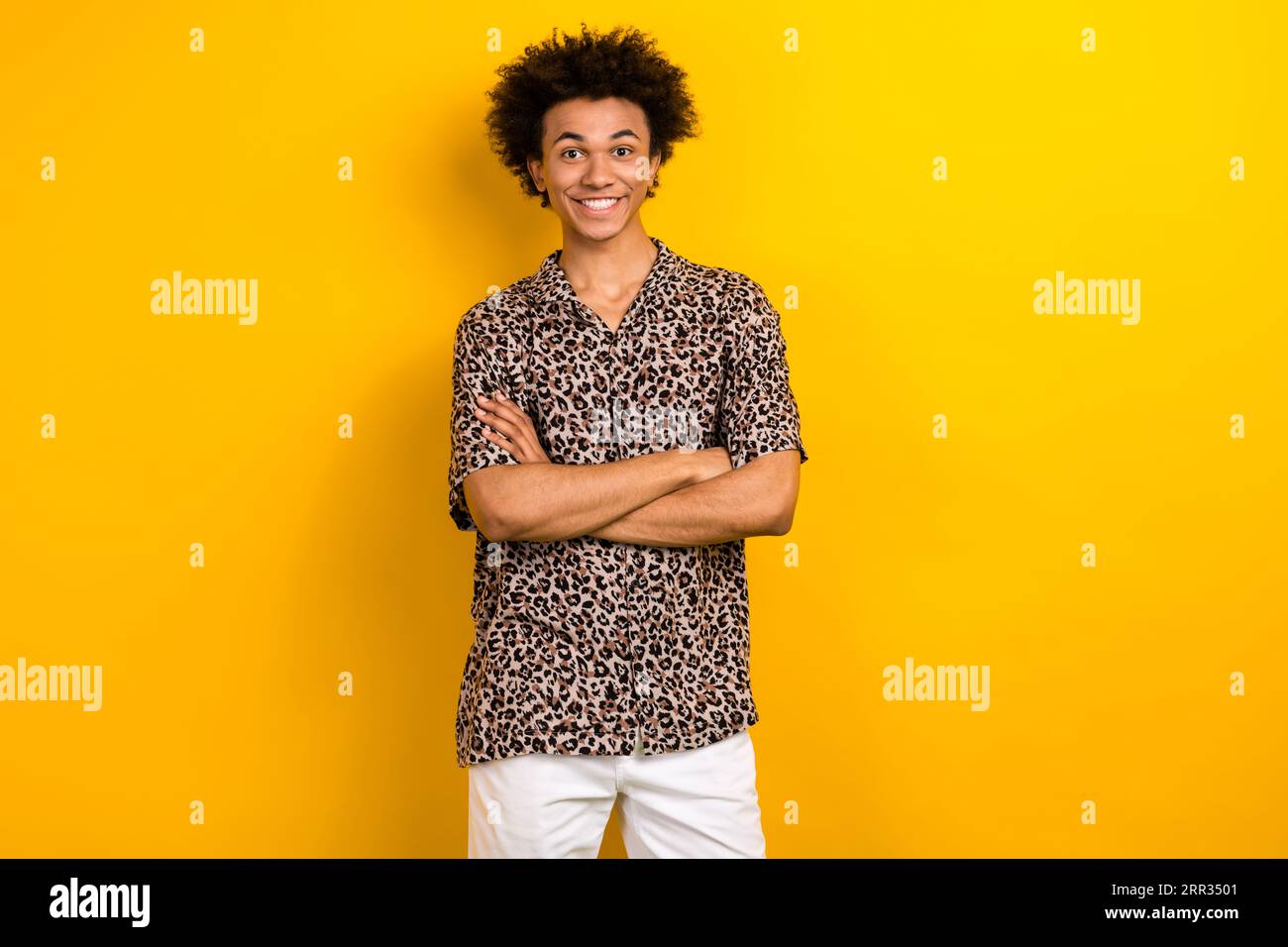 Photo of young funny guy folded hands wear leopard print shirt
