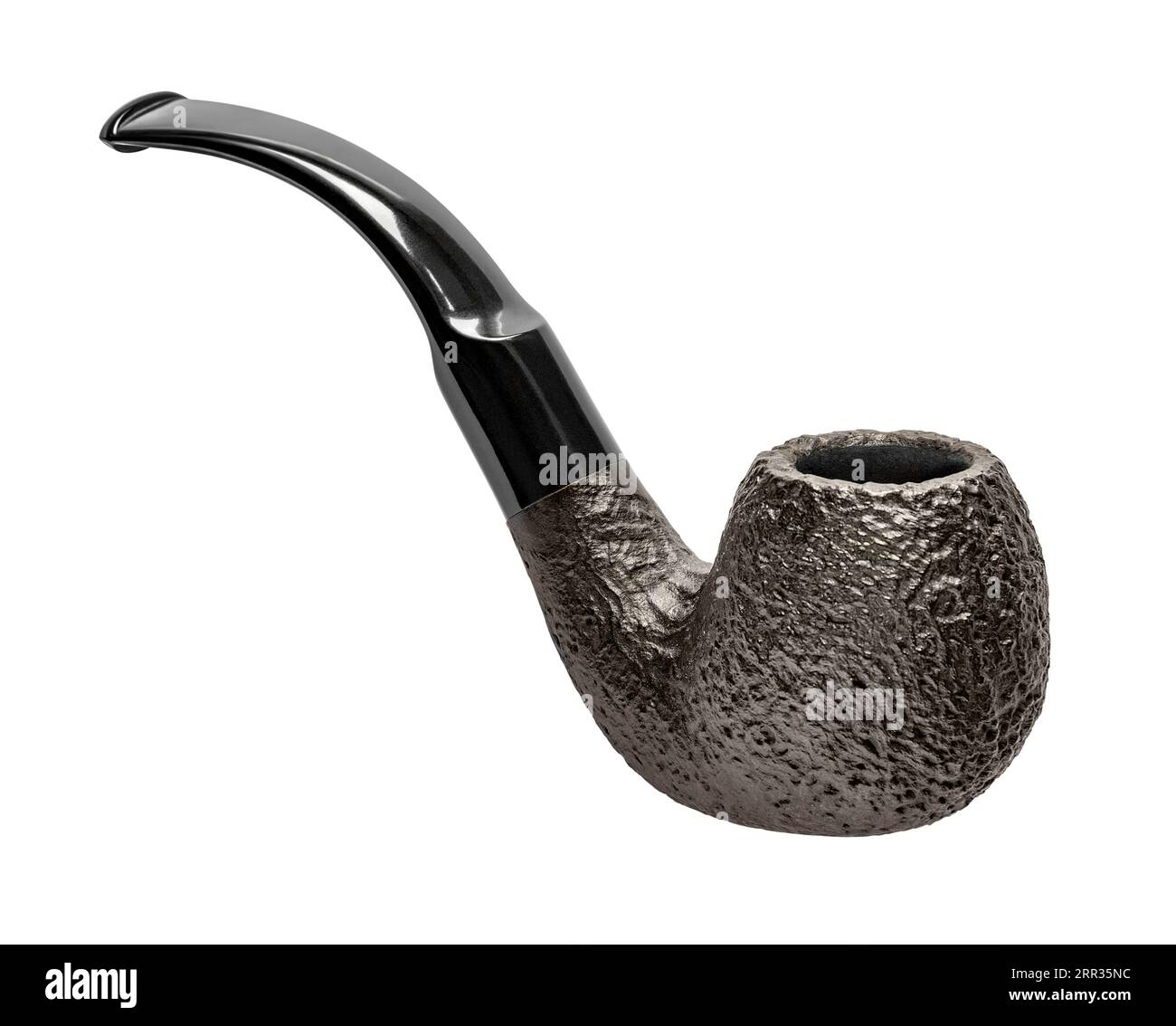 Bent tobacco pipe made of briar wood with rustic finish isolated in