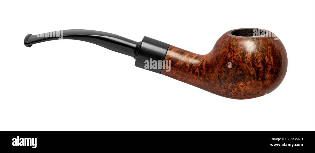 Bent tobacco pipe made of briar wood isolated in white back Stock Photo