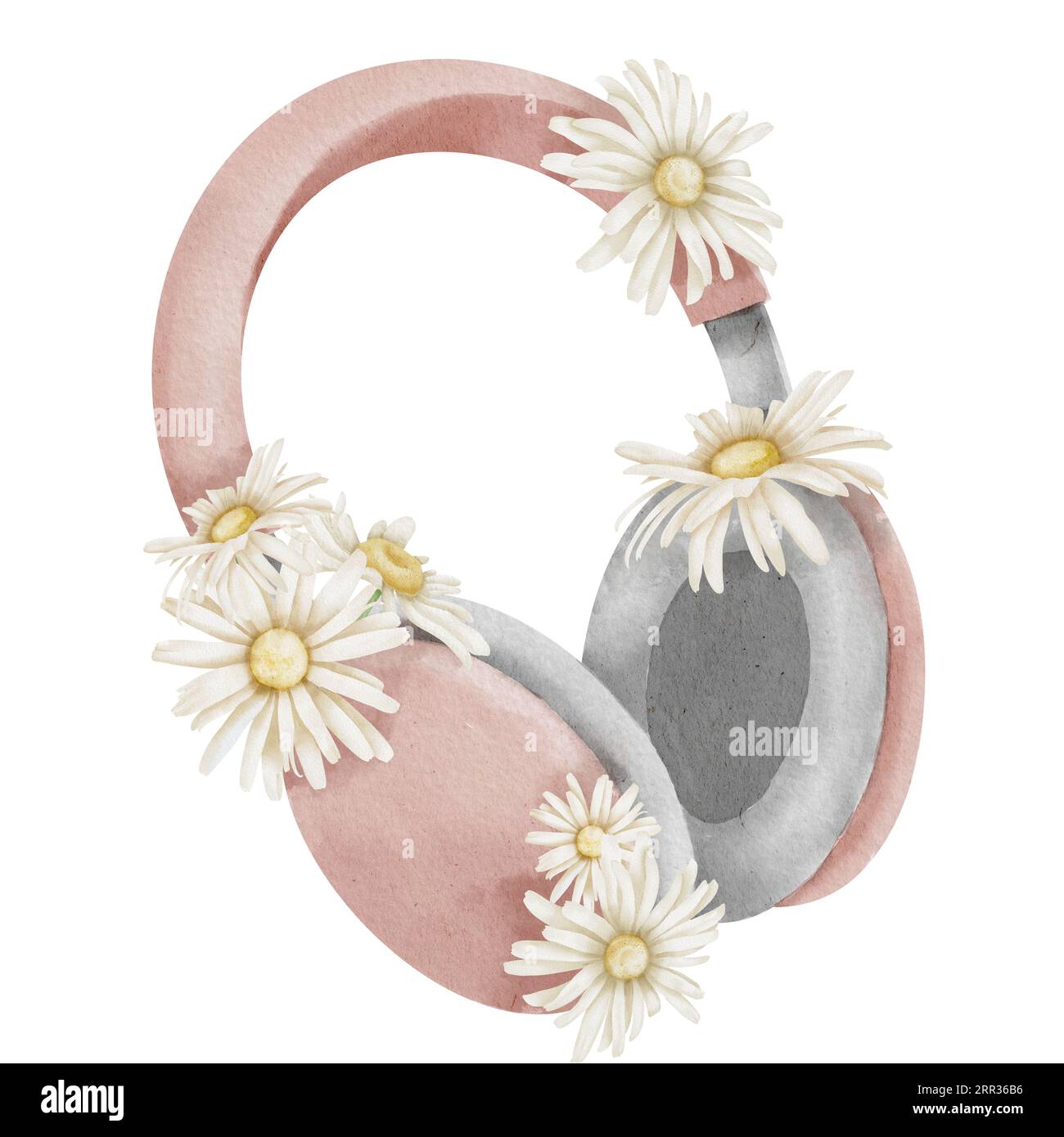 Pink female Headphones with daisy flowers. Hand drawn watercolor illustration of Earphone for women on isolated background. Drawing of Headset for icon or logo. Earpiece for listening to music sketch. Stock Photo