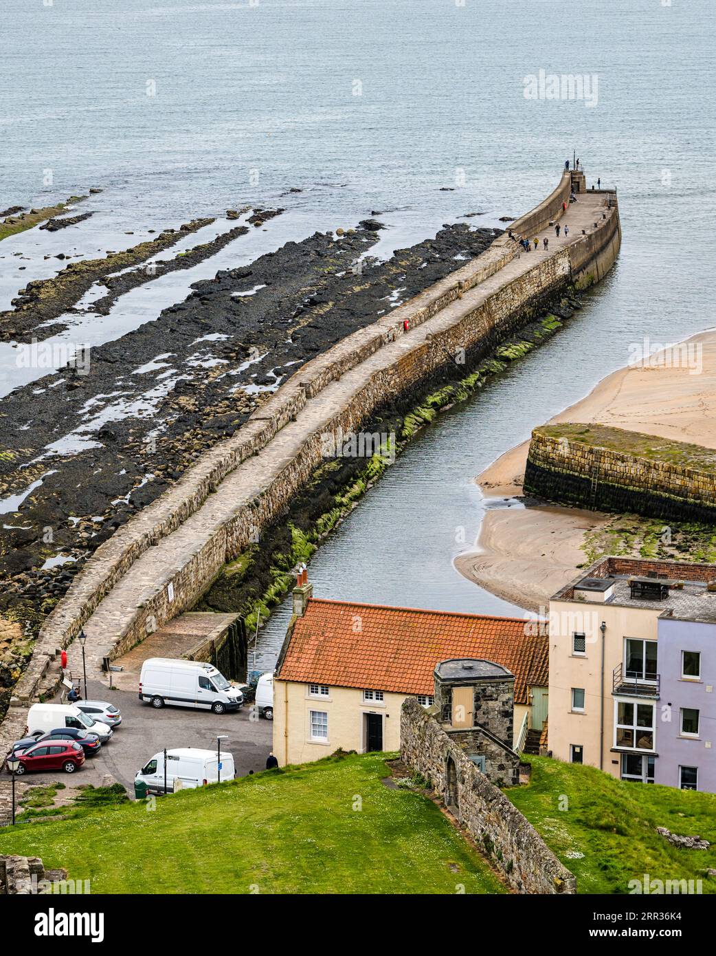 View from above of harbour and long stone pier, St Andrews, Fife, Scotland, UK Stock Photo