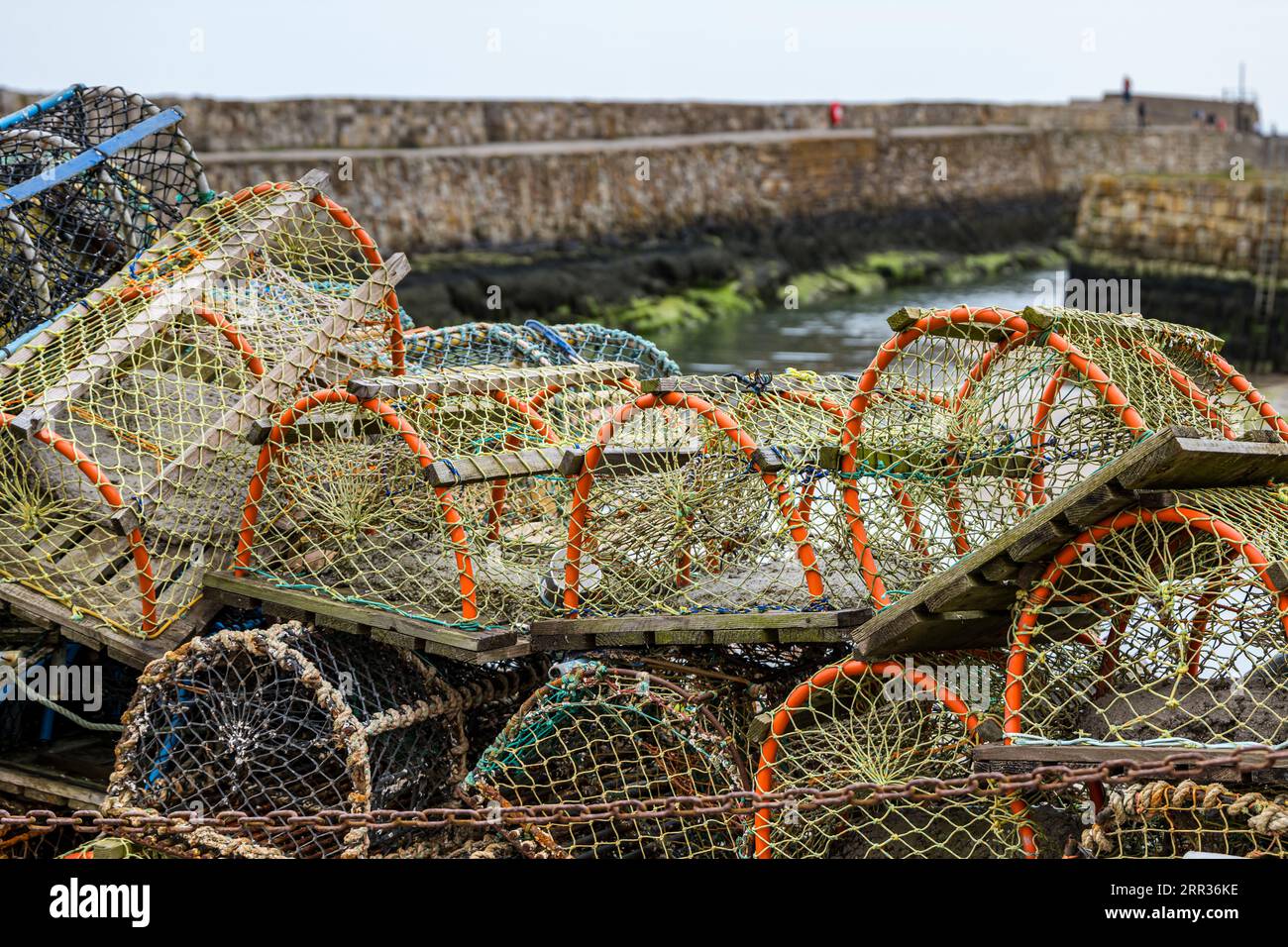 Lobster pots, creels or cages on harbourside, St Andrews, Fife, Scotland, UK Stock Photo