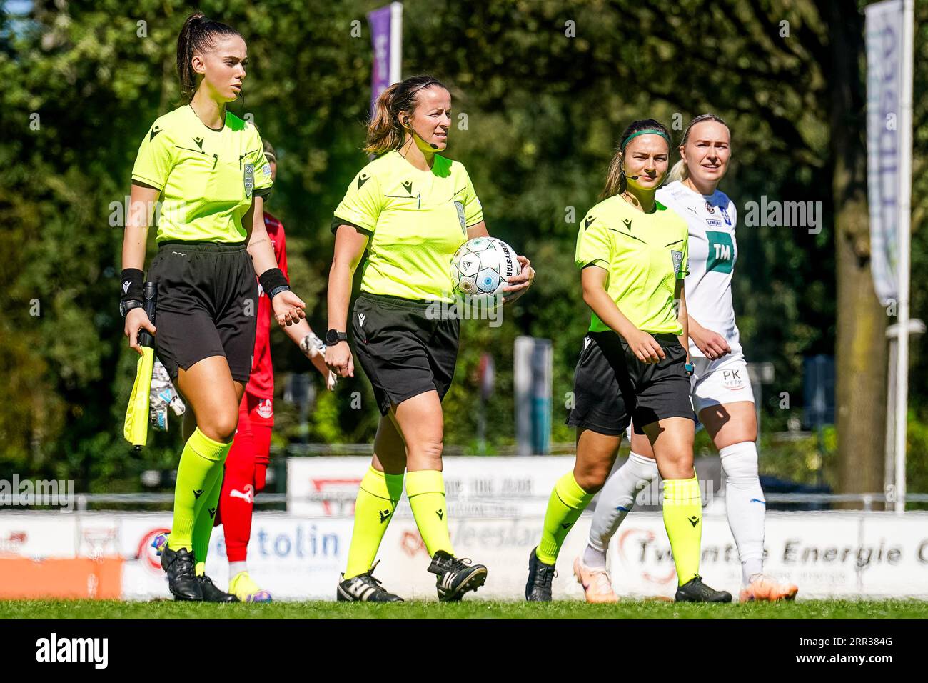 Enschede, Netherlands. 06th Sep, 2023. ENSCHEDE, NETHERLANDS - SEPTEMBER 6: Assistant Referee Edjena Kapxhiu, Referee Stacey Pearson and Assistant Referee Nicoleta Bria enter the pitch during the UEFA Women's Champions League LP Group 1 Semi Final match between Levante UD and Stjarnan at the Sportpark Schreurserve on September 6, 2023 in Enschede, Netherlands (Photo by Rene Nijhuis/BSR Agency) Credit: BSR Agency/Alamy Live News Stock Photo