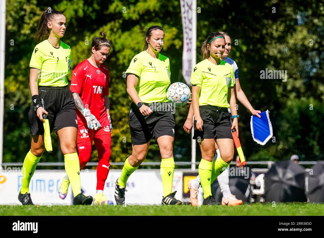 Enschede, Netherlands. 06th Sep, 2023. ENSCHEDE, NETHERLANDS - SEPTEMBER 6: Assistant Referee Edjena Kapxhiu, Referee Stacey Pearson and Assistant Referee Nicoleta Bria enter the pitch during the UEFA Women's Champions League LP Group 1 Semi Final match between Levante UD and Stjarnan at the Sportpark Schreurserve on September 6, 2023 in Enschede, Netherlands (Photo by Rene Nijhuis/BSR Agency) Credit: BSR Agency/Alamy Live News Stock Photo