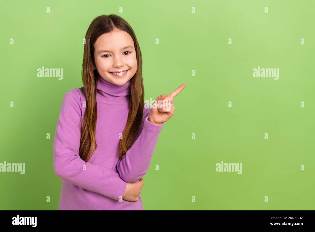 Photo Of Toothy Beaming Girl With Straight Hair Wear Purple Turtleneck