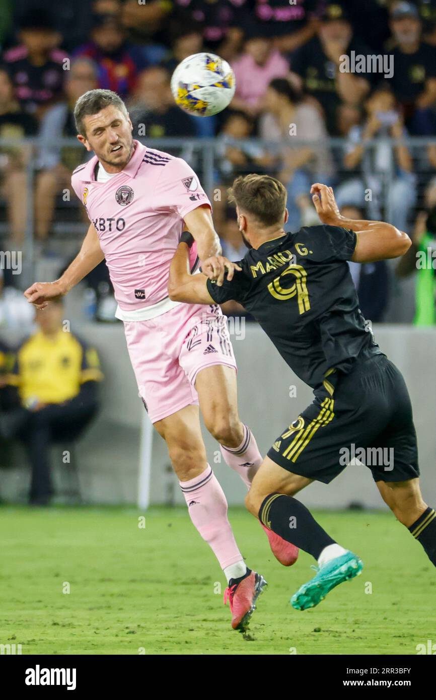Inter Miami's Serhiy Kryvtsov (L) and Los Angeles FC's Mario González (R) in action during an MLS soccer match in Los Angeles. Inter Miami CF 3:1 Los Angeles FC. Stock Photo