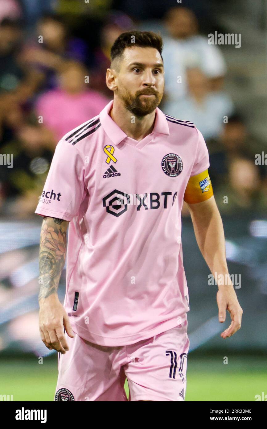 Inter Miami's Lionel Messi (10) in actions during an MLS soccer match against the Los Angeles FC Sunday, Sept. 3, 2022, in Los Angeles. Stock Photo