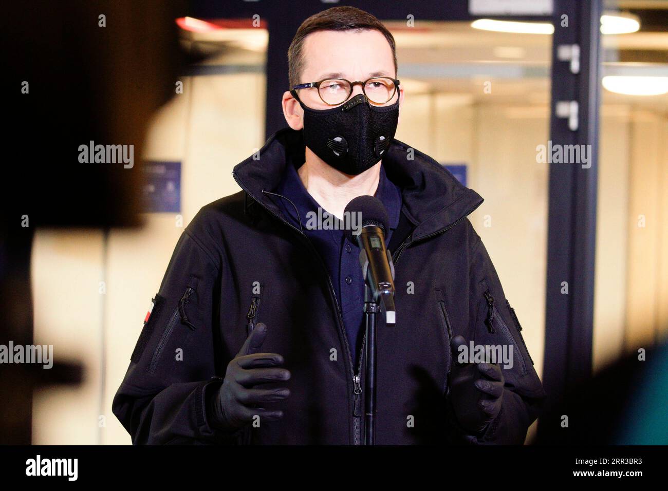 201030 -- WARSAW, Oct. 30, 2020 -- Polish Prime Minister Mateusz Morawiecki holds a press conference to mark the opening of a field hospital at the National Stadium in Warsaw, Poland, on Oct. 29, 2020. The number of confirmed coronavirus cases in Poland had increased by 20,156 since Wednesday -- the highest 24-hour figure since the start of the pandemic in March -- and reached 319,205, the Ministry of Health said on Thursday morning. Another 301 people have died from the virus, bringing the death toll to 5,149. Photo by /Xinhua POLAND-WARSAW-PM-FIELD HOSPITAL-VISIT JaapxArriens PUBLICATIONxNOT Stock Photo