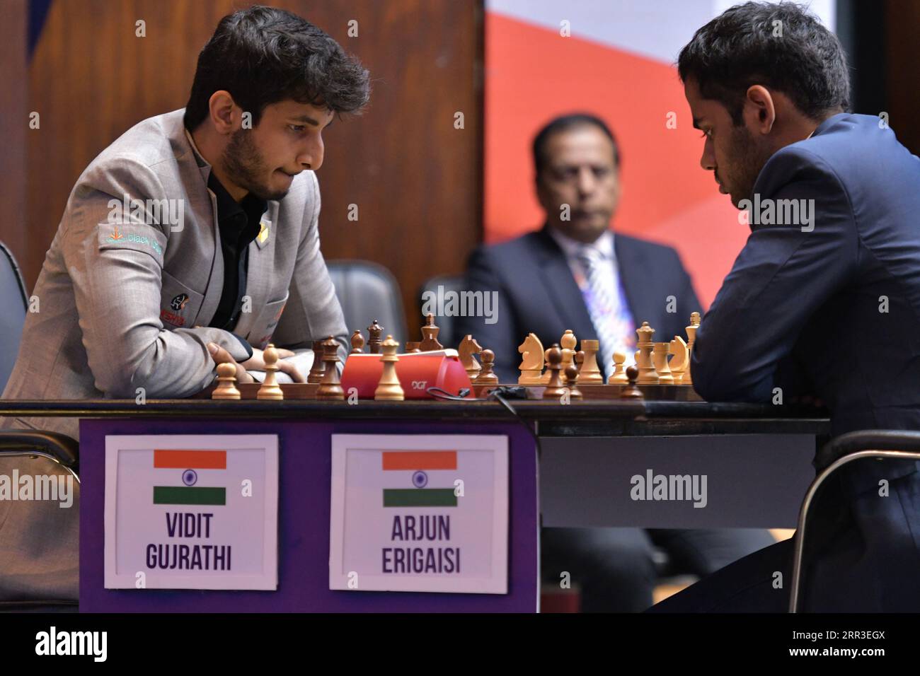 Kolkata, India. 06th Sep, 2023. Indian chess player Vidit Gujrathi seen  playing against Indian chess player Arjun Erigaisi at the TATA Steel Chess  India competition 2023 in Bhasa Bhavan. (Photo by Dipayan