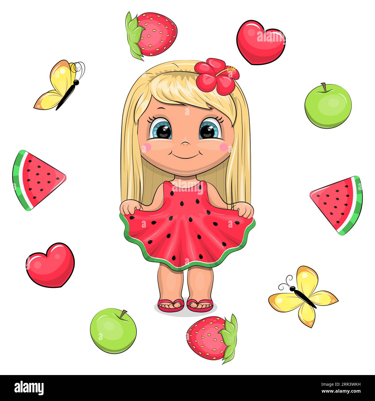 Cute cartoon girl with red dress and tropical flower in her hair stands
