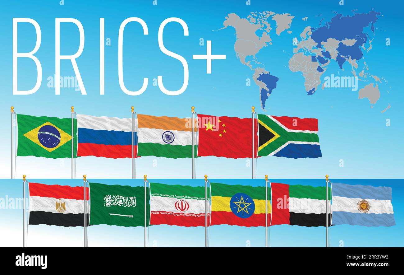 BRICS Plus organization, waving flags of the countries and map, year 2023, vector illustration Stock Vector