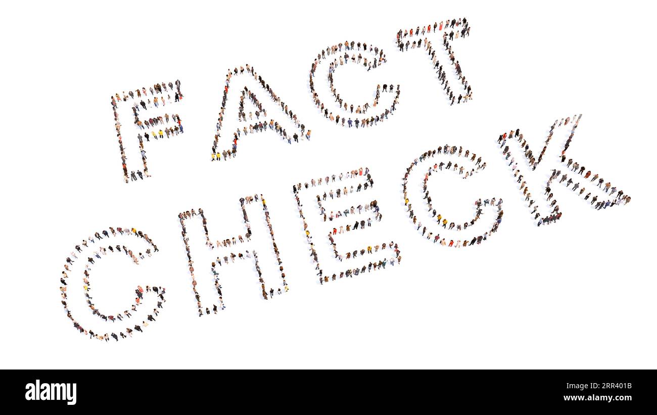 Conceptual community of people forming the worsd FACT CHECK. 3d illustration metaphor for research, evidence, reliable, truth, correct information Stock Photo