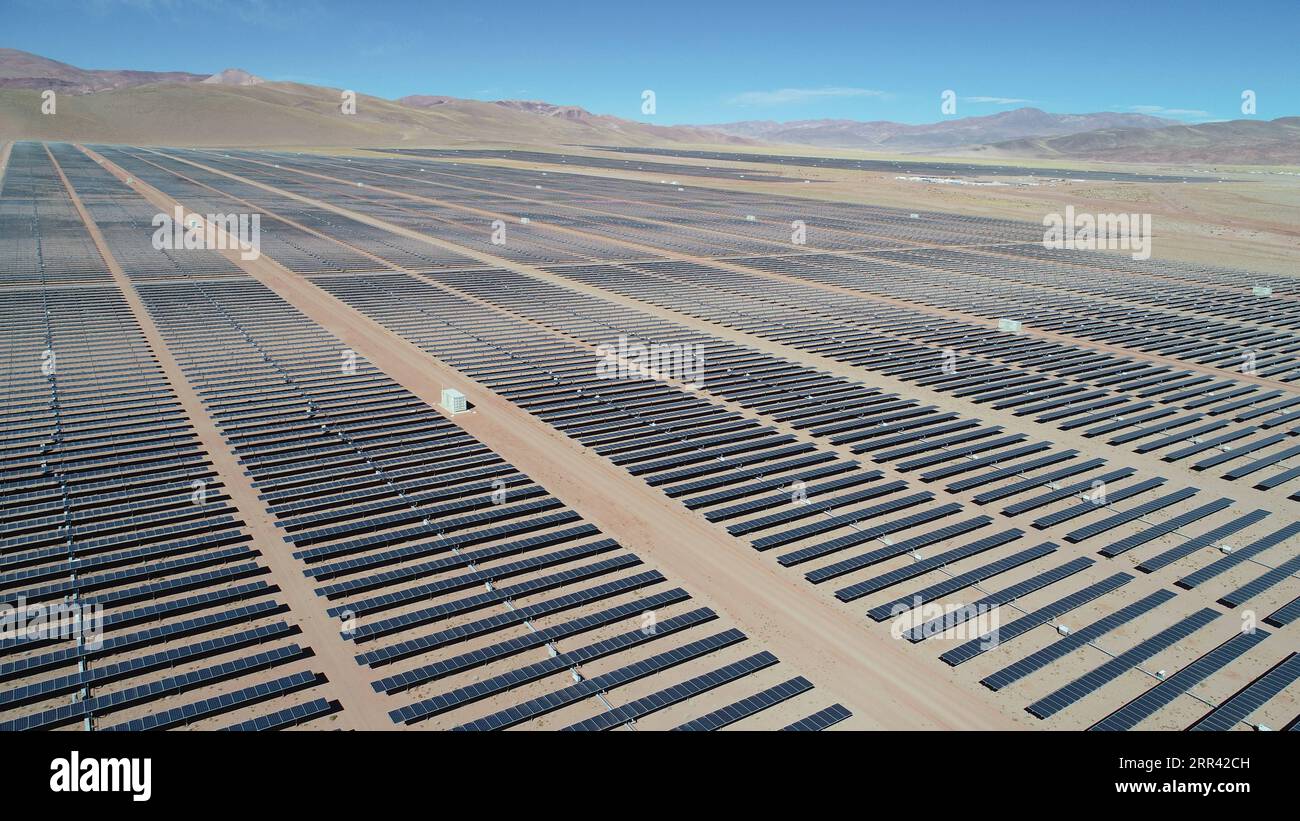 201118 -- BUENOS AIRES, Nov. 18, 2020  -- Aerial photo taken on May 11, 2020 shows the photovoltaic panels at Cauchari Solar Park in the northwestern province of Jujuy, Argentina. Cauchari Solar Park, built by China Power Construction and the Shanghai Electric Power Construction Company, is located in the town of Cauchari in the northwestern province of Jujuy, at an altitude of about 4,200 meters above sea level. The project, authorized by Argentina s Wholesale Electric Market Management Company, supplies the grid with a total of 300 megawatts of electricity and has useful life of approximatel Stock Photo