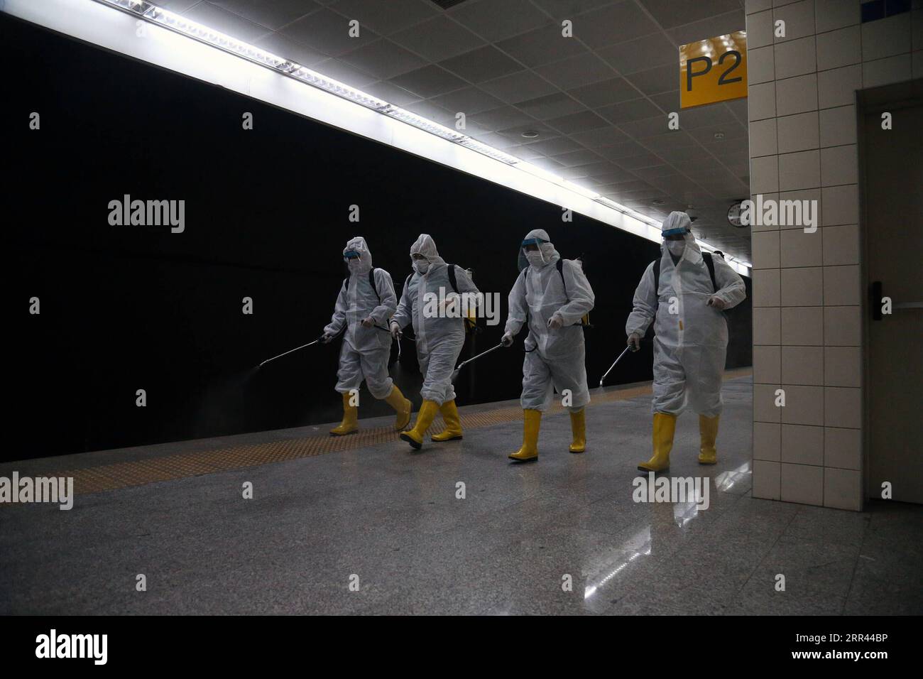 201120 -- ANKARA, Nov. 20, 2020 -- Sanitation workers in personal protective equipment conduct disinfection on the platform of a subway station in Ankara, Turkey, Nov. 19, 2020. Turkey reported 4,542 new COVID-19 patients on Thursday, raising the total coronavirus infections in the country to 430,170, the Turkish Health Ministry announced. It also confirmed that 123 more people died in the past 24 hours, taking the death toll in Turkey to 11,943, while the tally of recoveries increased by 2,918 to 364,573. photo by /Xinhua TURKEY-ANKARA-COVID-19-SUBWAY DISINFECTION MustafaxKaya PUBLICATIONxNOT Stock Photo