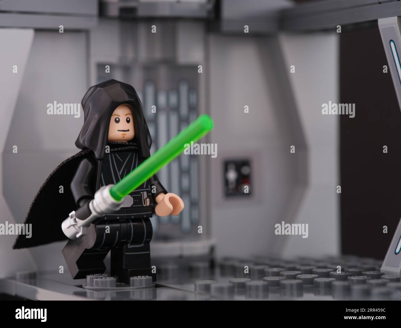 Tambov, Russian Federation - August 18, 2023 A Lego Luke Skywalker minifigure holding a lego lightsaber Stock Photo