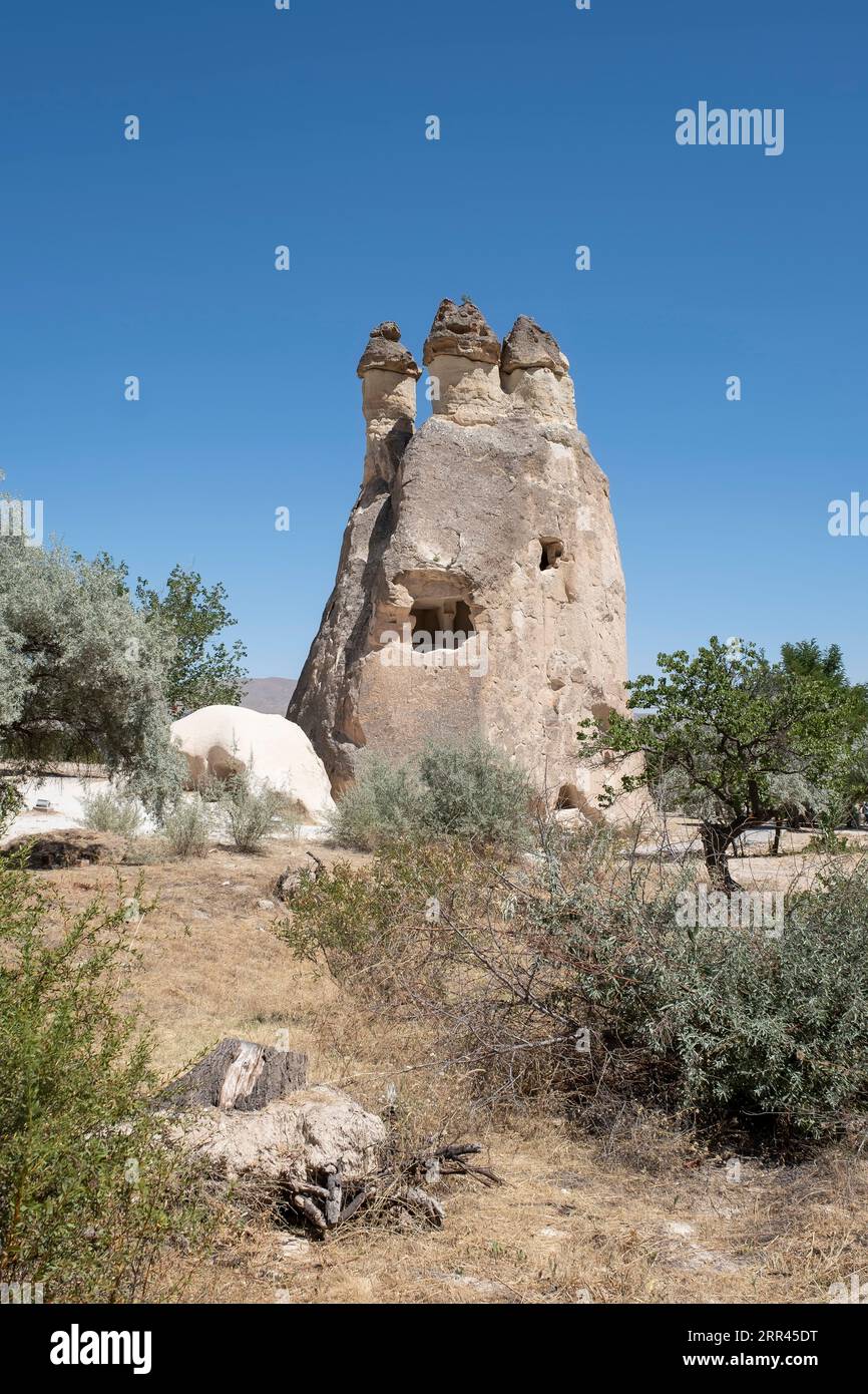 typical geological formation of weathered rock in the open air museum of Goreme, with housing dug into the rock, fairy chimney, at Cappadocia, Turkey Stock Photo