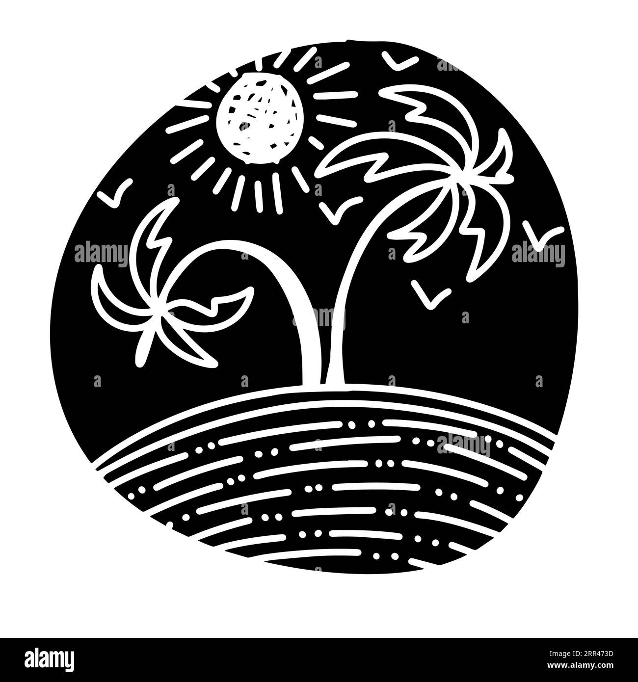 Black graphic object palms sea and sun. Vector illustration Stock Vector