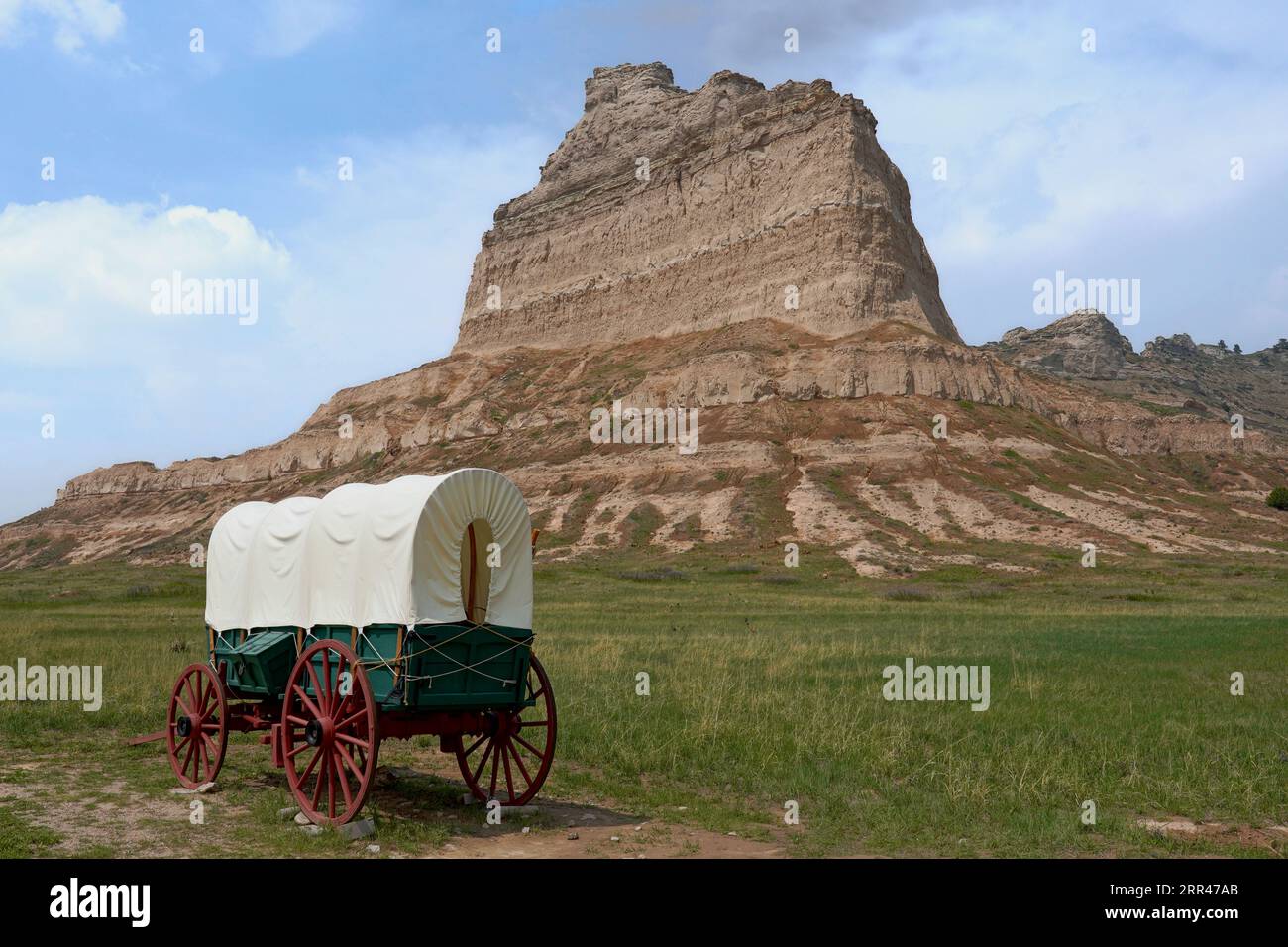Covered Wagon at Scotts Bluff National Monument in Nebraska Stock Photo