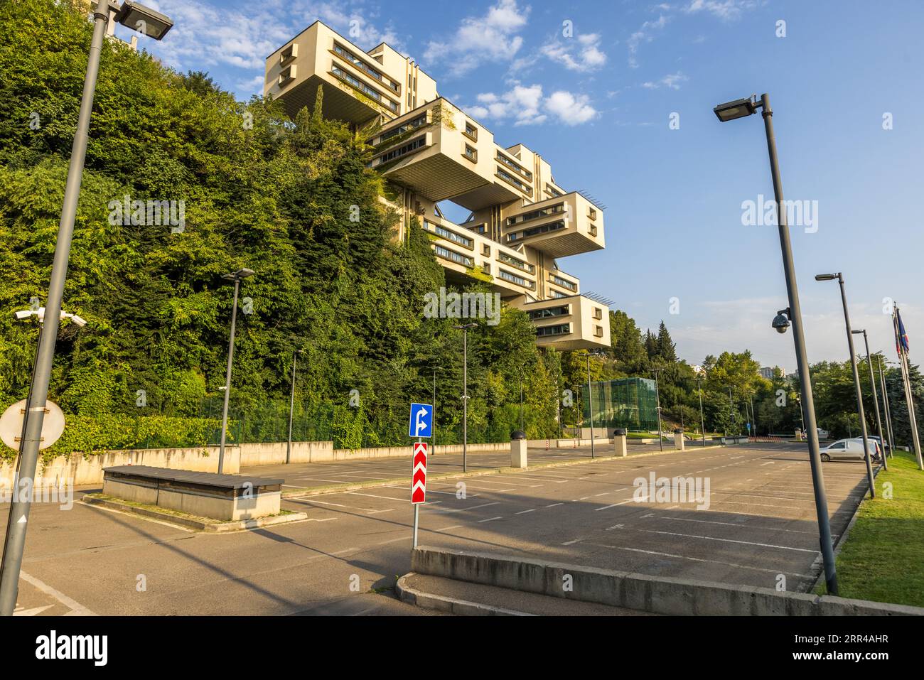 The former administrative building of the Ministry of Road Construction in Tbilisi is one of the most important buildings of socialist modernism in Georgia. After reconstruction, it now houses the headquarters of the Bank of Georgia Stock Photo