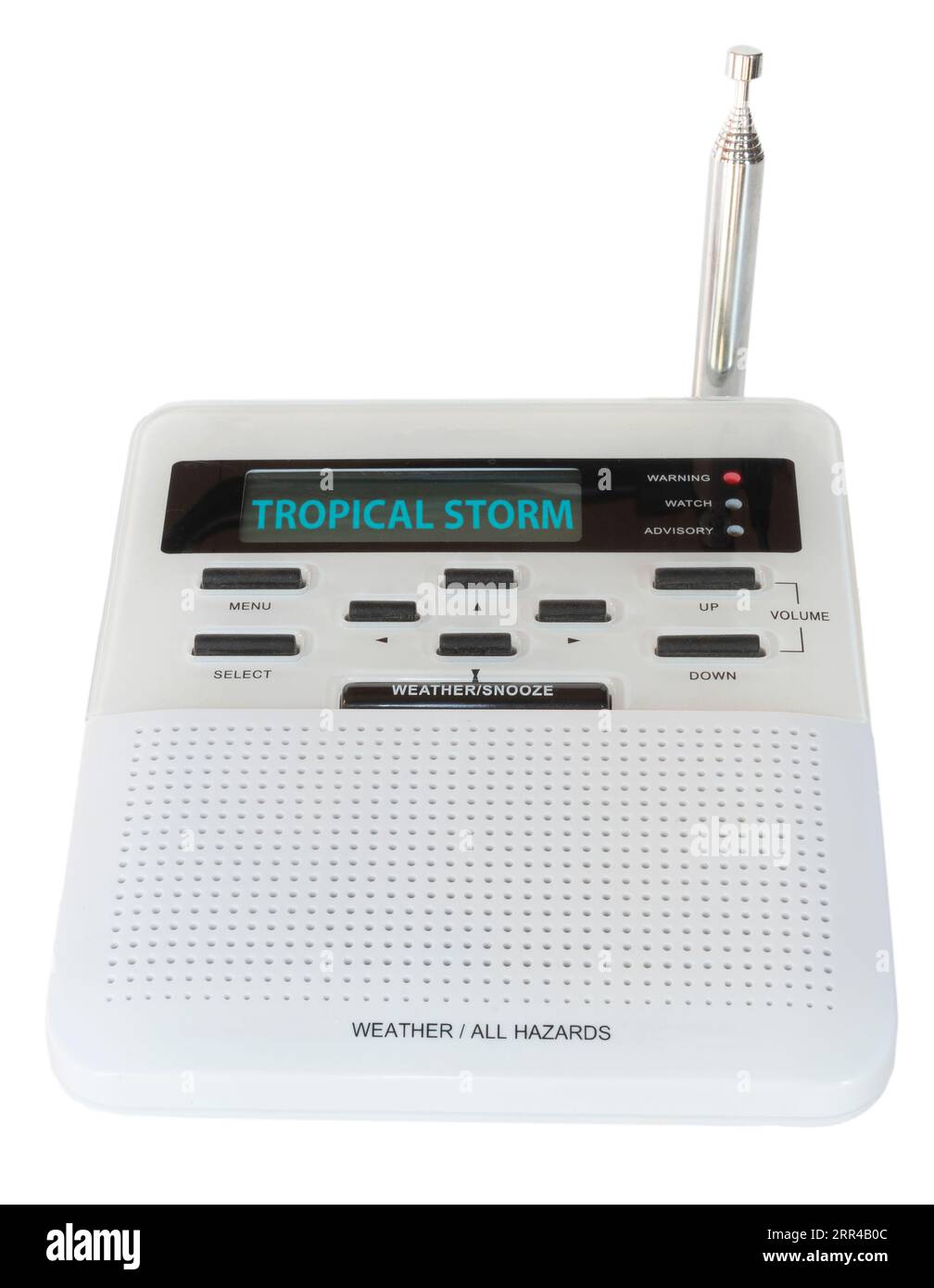 Tropical storm warning displayed on the screen of a weather and hazards digital radio after